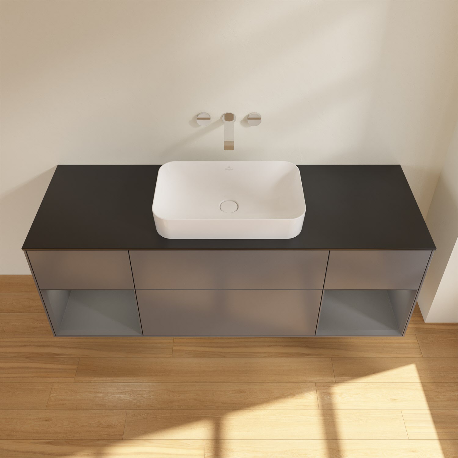 Villeroy & Boch Finion Waschtischunterschrank 160 cm mit Regalelement links und rechts und Abdeckplatte