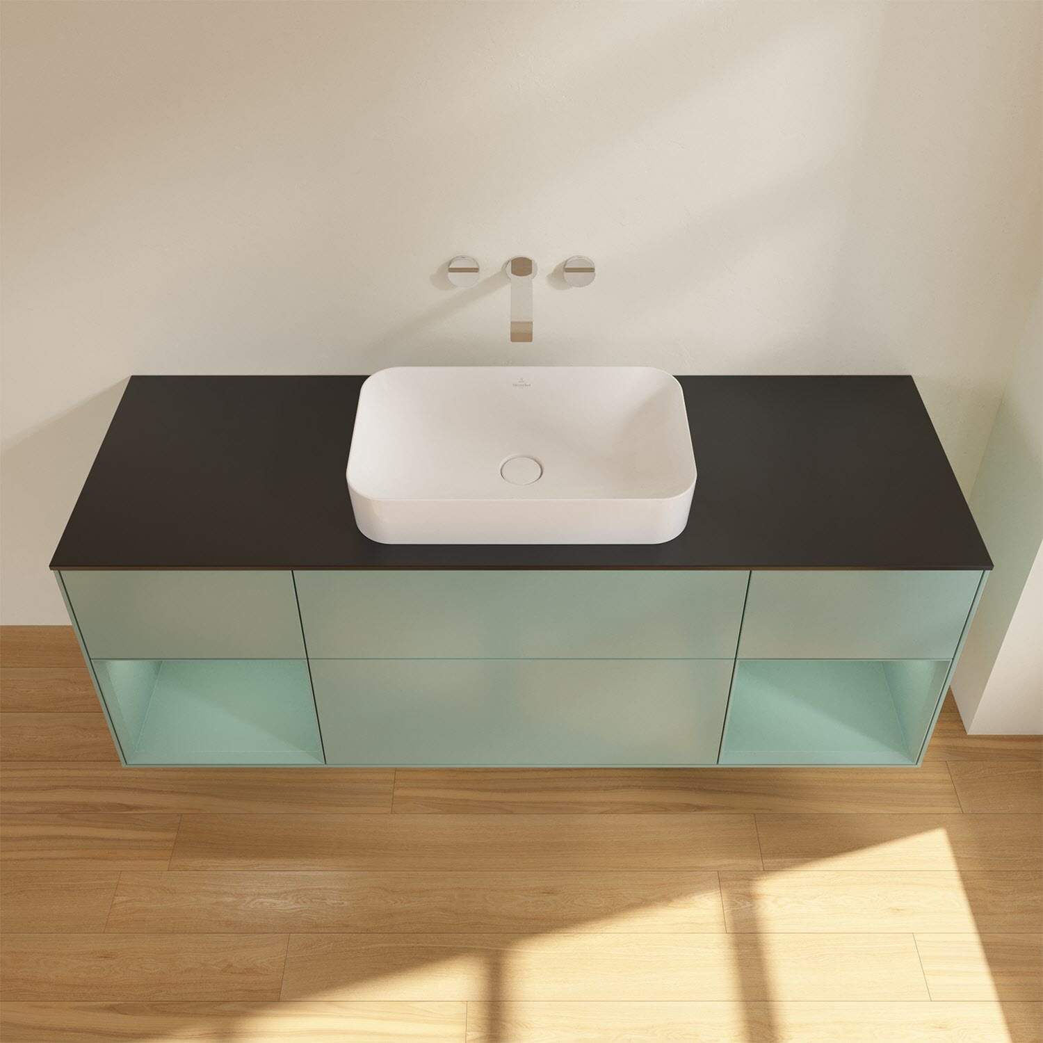 Villeroy & Boch Finion Waschtischunterschrank 160 cm mit Regalelement links und rechts und Abdeckplatte