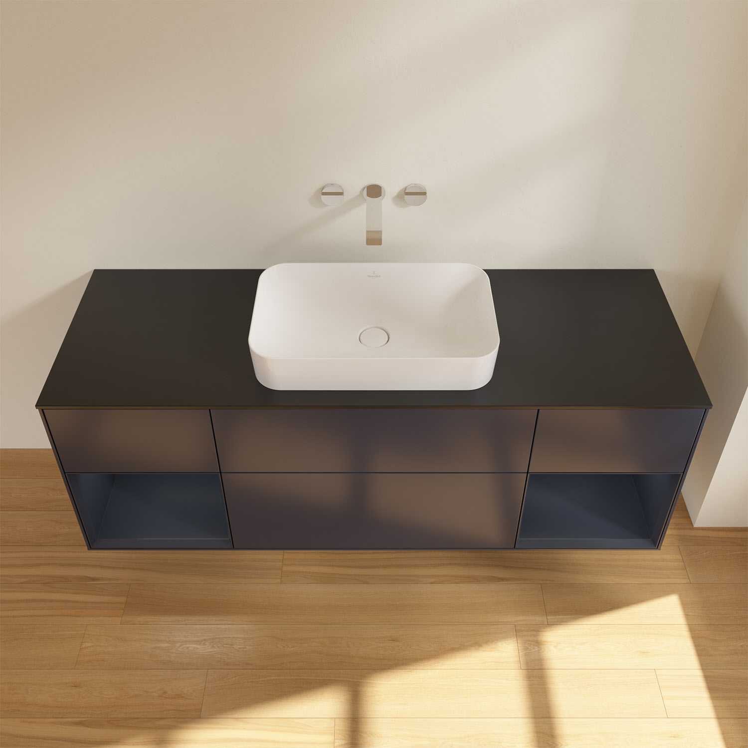 Villeroy & Boch Finion Waschtischunterschrank 160 cm mit Regalelement links und rechts und Abdeckplatte