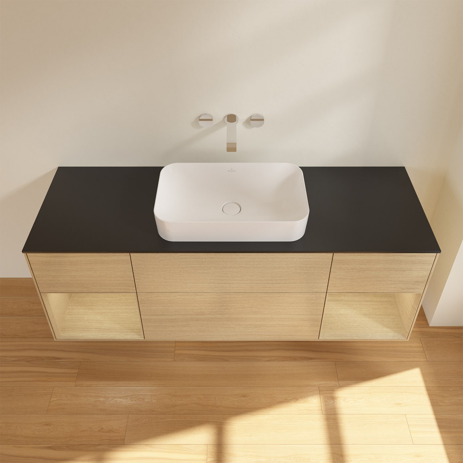 Villeroy & Boch Finion Waschtischunterschrank 160 cm mit Regalelement links und rechts und Abdeckplatte