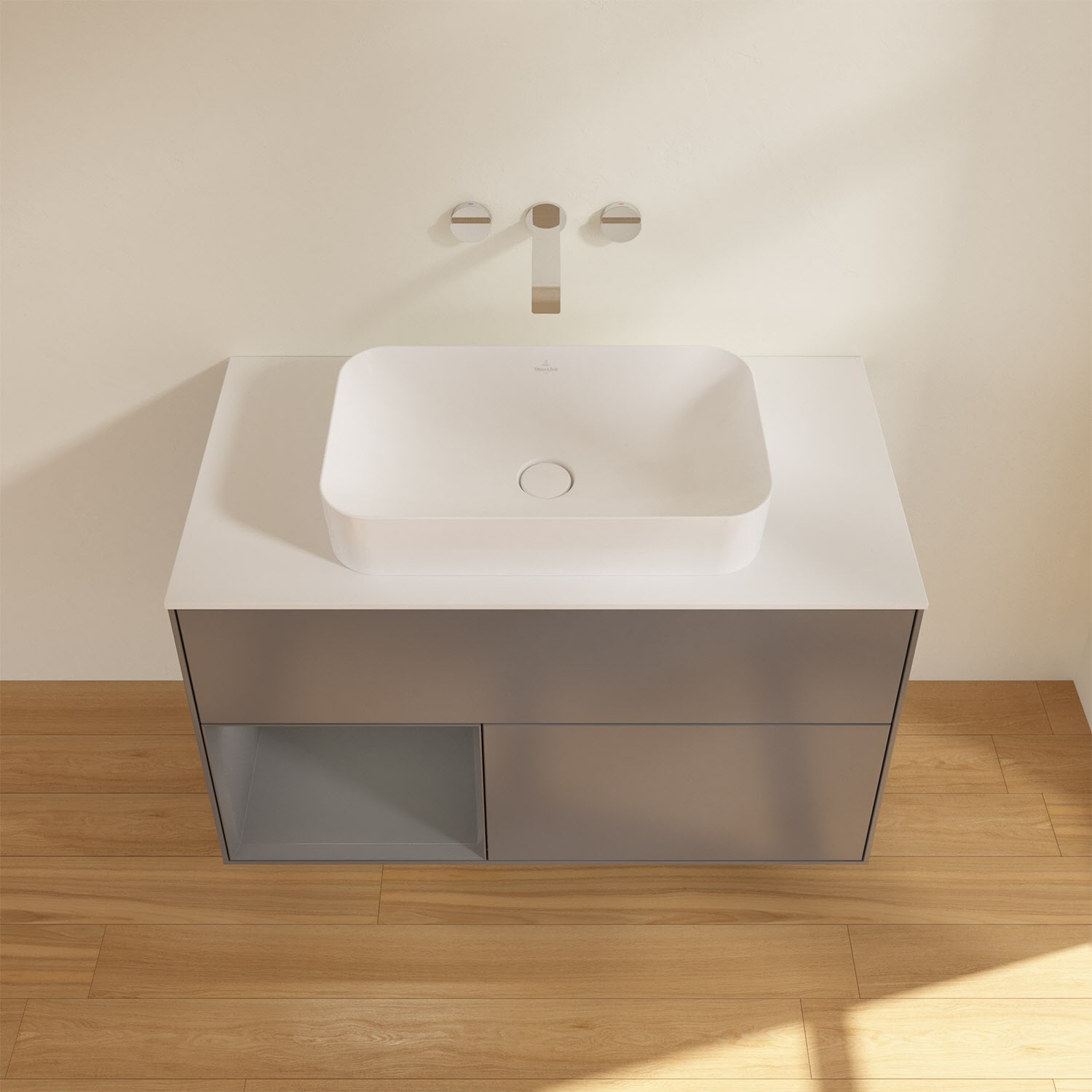 Villeroy & Boch Finion Waschtischunterschrank 100 cm mit Regalelement links und Abdeckplatte, mit Wandbeleuchtung