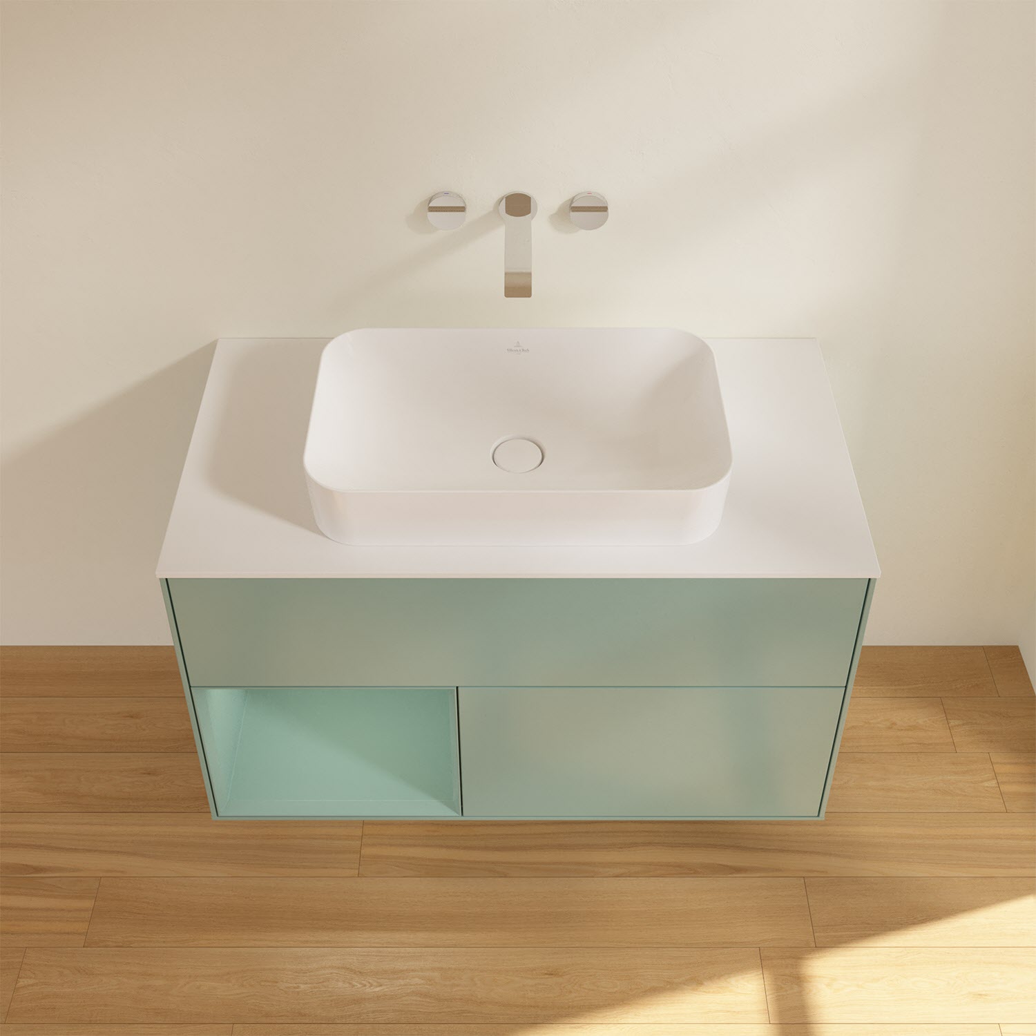 Villeroy & Boch Finion Waschtischunterschrank 100 cm mit Regalelement links und Abdeckplatte, mit Wandbeleuchtung