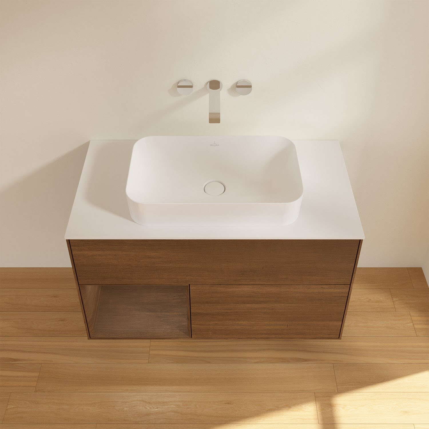 Villeroy & Boch Finion Waschtischunterschrank 100 cm mit Regalelement links und Abdeckplatte, mit Wandbeleuchtung