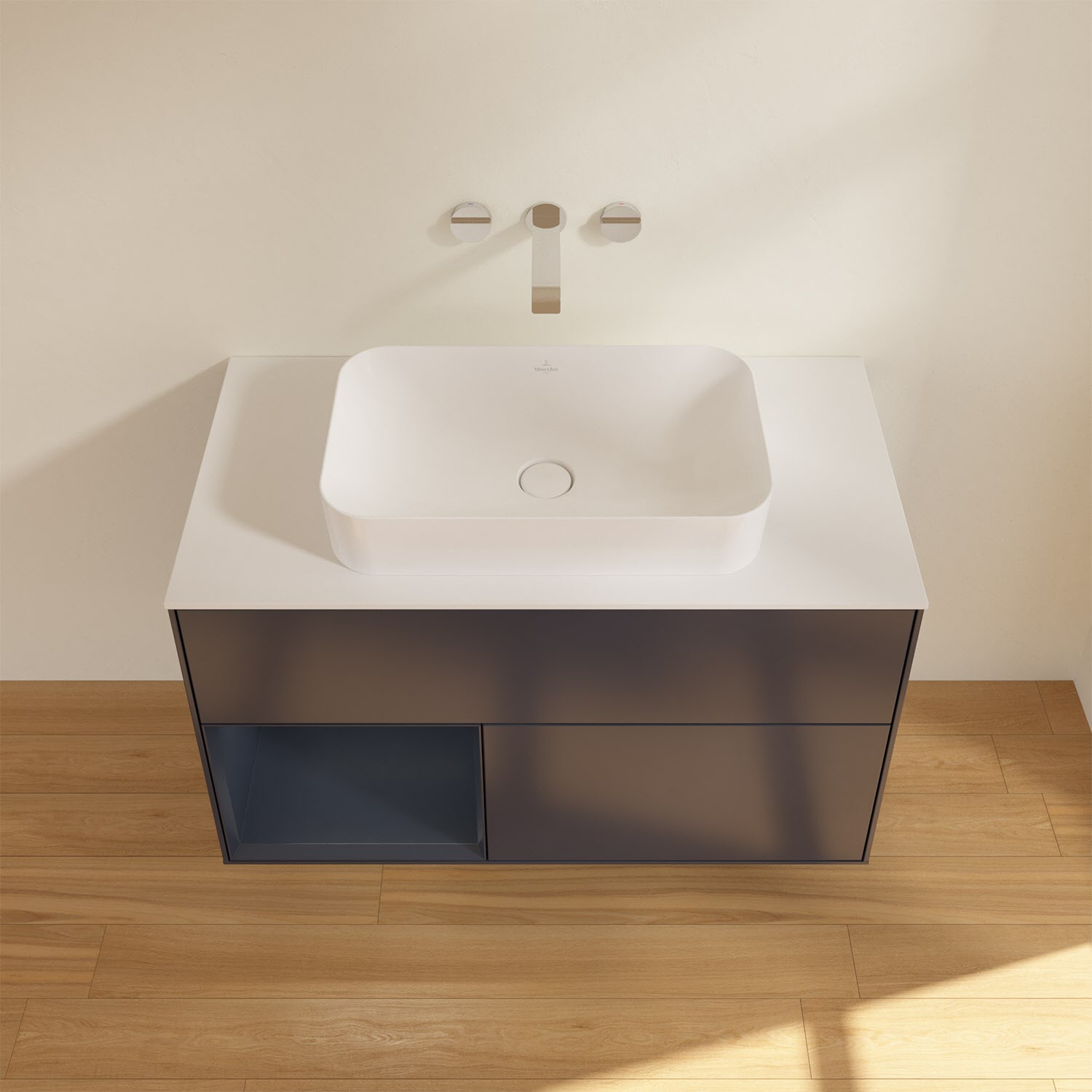Villeroy & Boch Finion Waschtischunterschrank 100 cm mit Regalelement links und Abdeckplatte, mit Wandbeleuchtung
