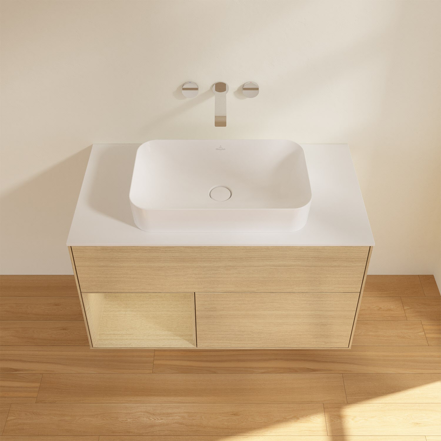 Villeroy & Boch Finion Waschtischunterschrank 100 cm mit Regalelement links und Abdeckplatte, mit Wandbeleuchtung