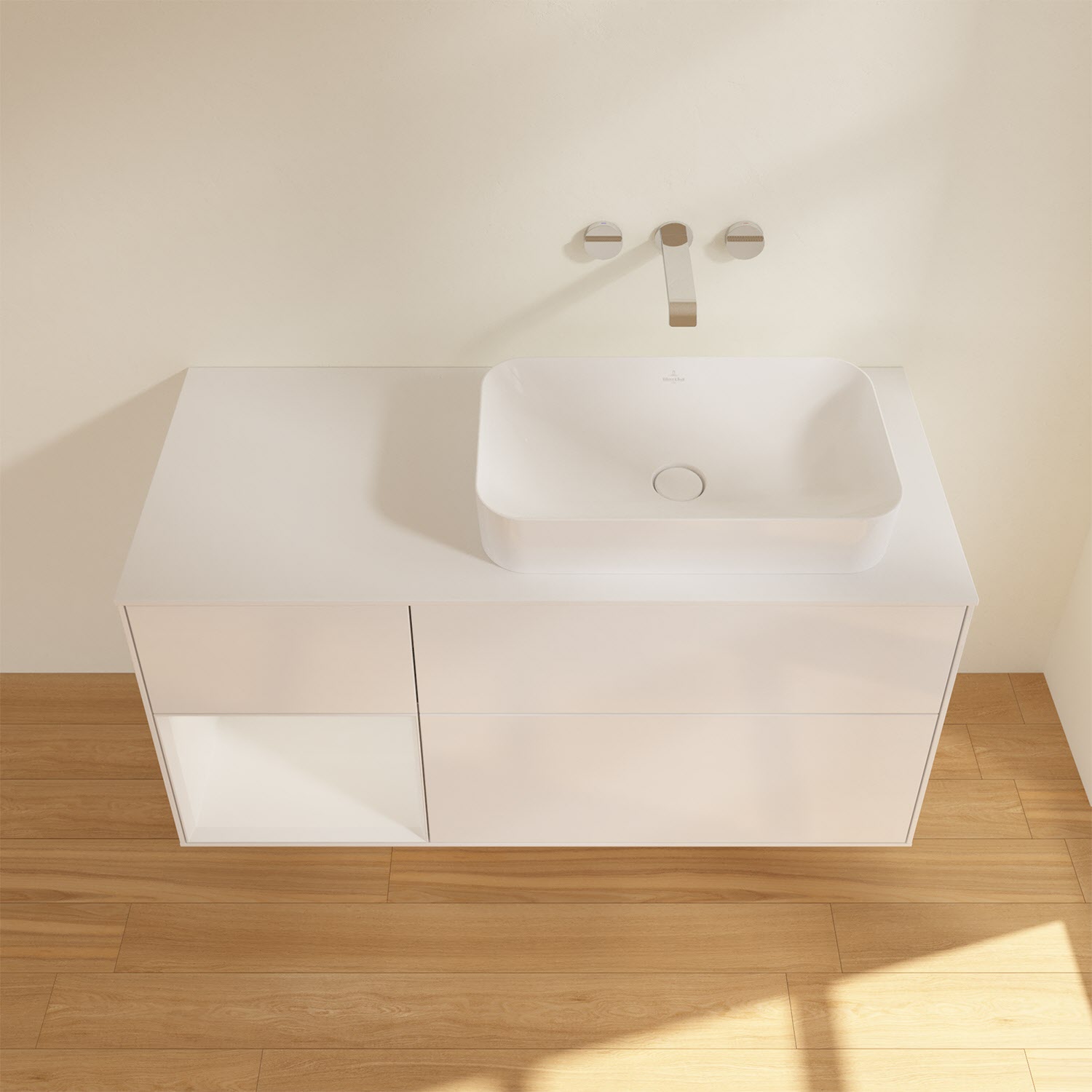 Villeroy & Boch Finion Waschtischunterschrank 120 cm mit Regalelement links und Abdeckplatte, mit Wandbeleuchtung