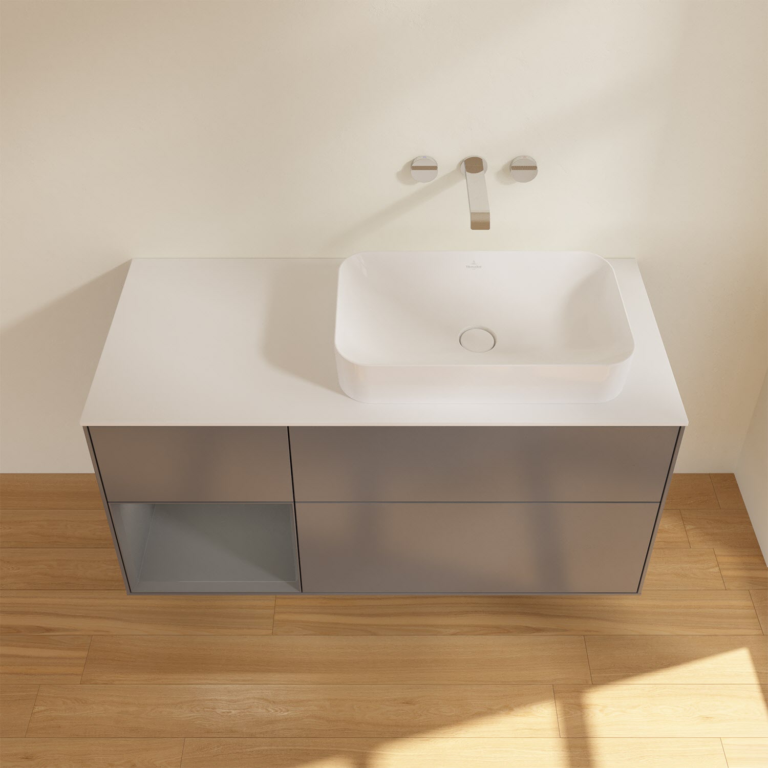 Villeroy & Boch Finion Waschtischunterschrank 120 cm mit Regalelement links und Abdeckplatte, mit Wandbeleuchtung