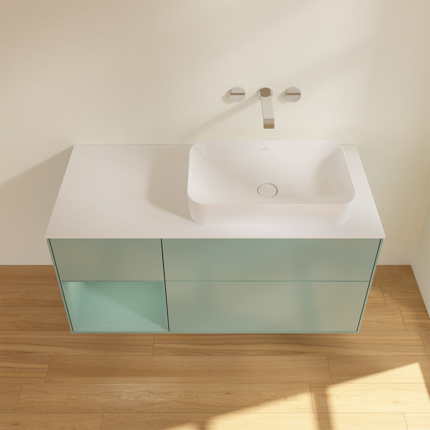 Villeroy & Boch Finion Waschtischunterschrank 120 cm mit Regalelement links und Abdeckplatte, mit Wandbeleuchtung