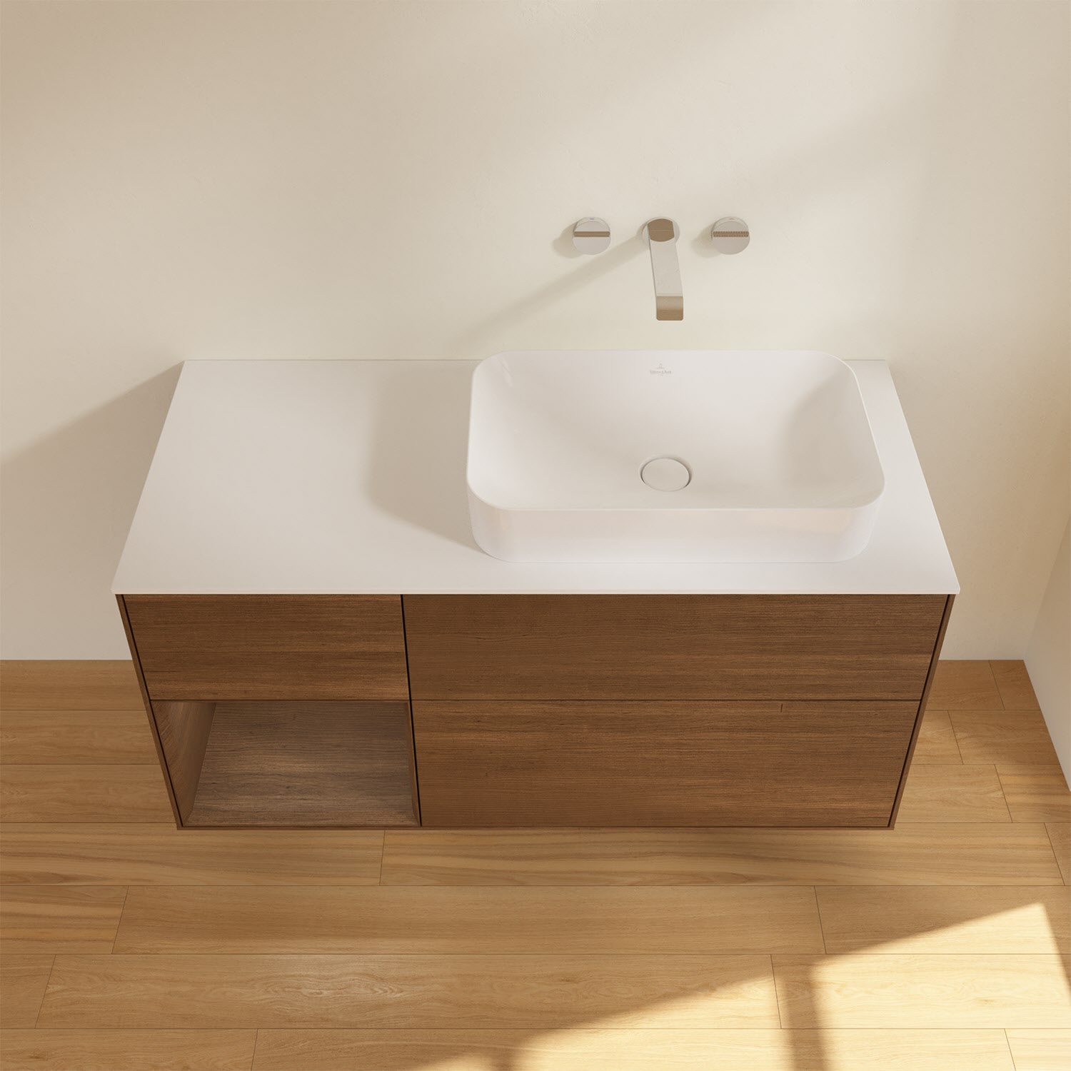 Villeroy & Boch Finion Waschtischunterschrank 120 cm mit Regalelement links und Abdeckplatte, mit Wandbeleuchtung