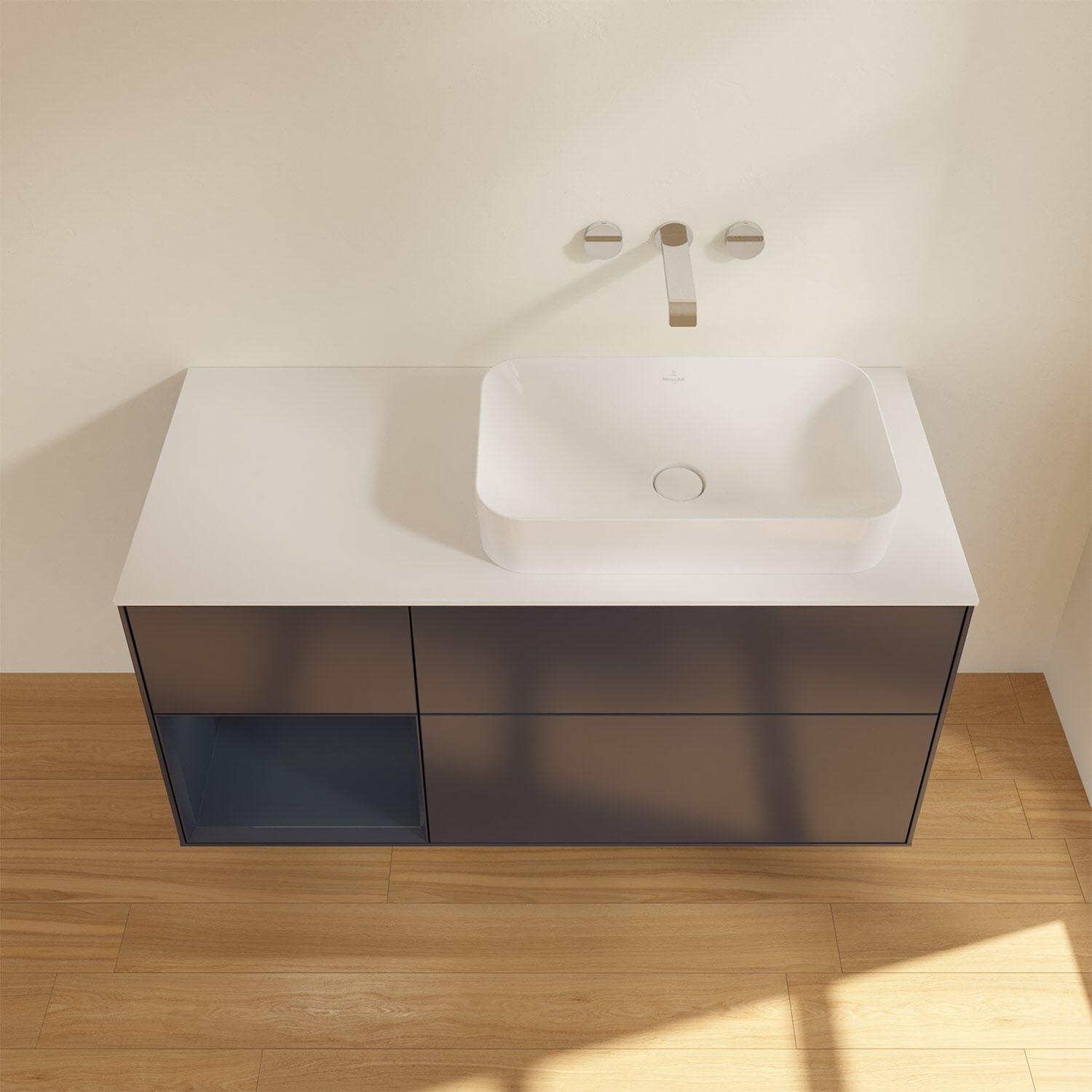 Villeroy & Boch Finion Waschtischunterschrank 120 cm mit Regalelement links und Abdeckplatte, mit Wandbeleuchtung