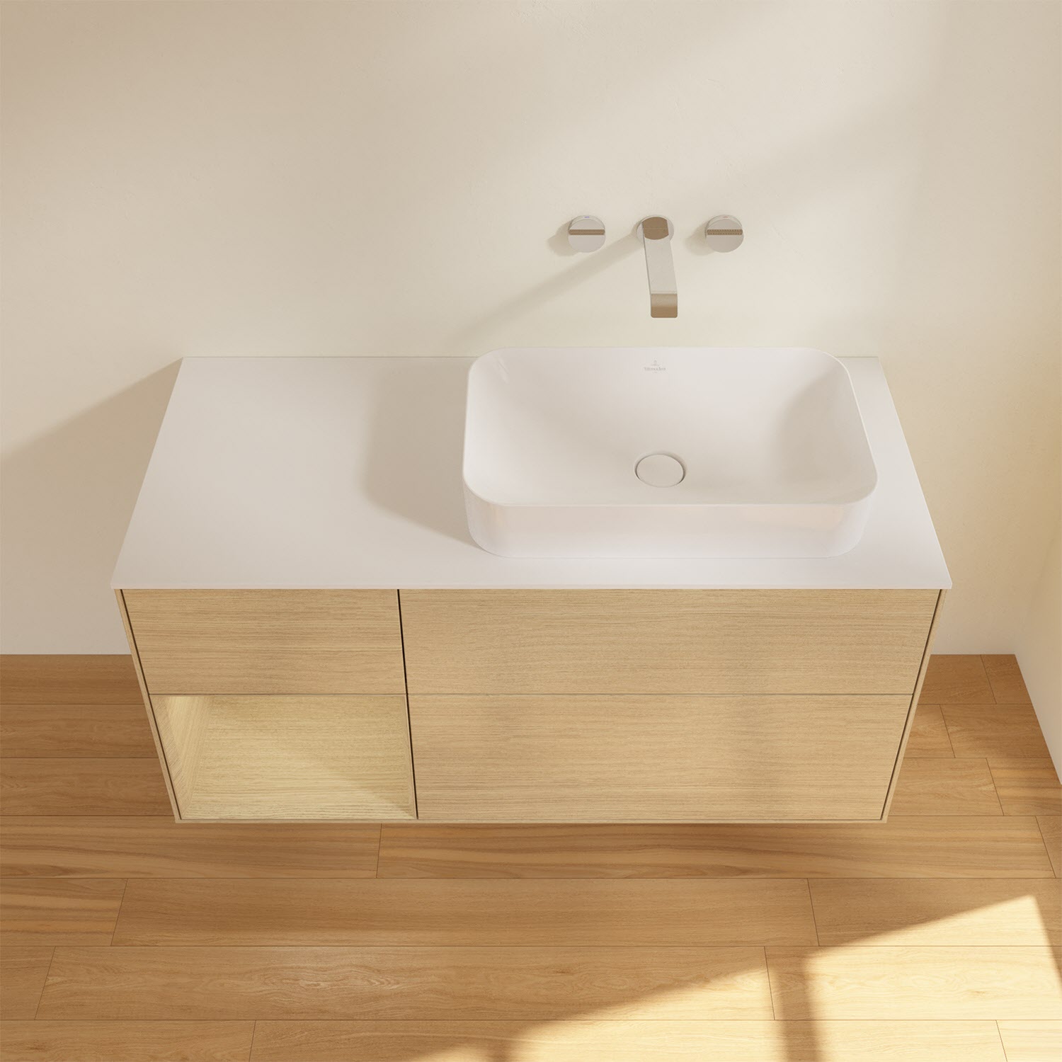 Villeroy & Boch Finion Waschtischunterschrank 120 cm mit Regalelement links und Abdeckplatte, mit Wandbeleuchtung