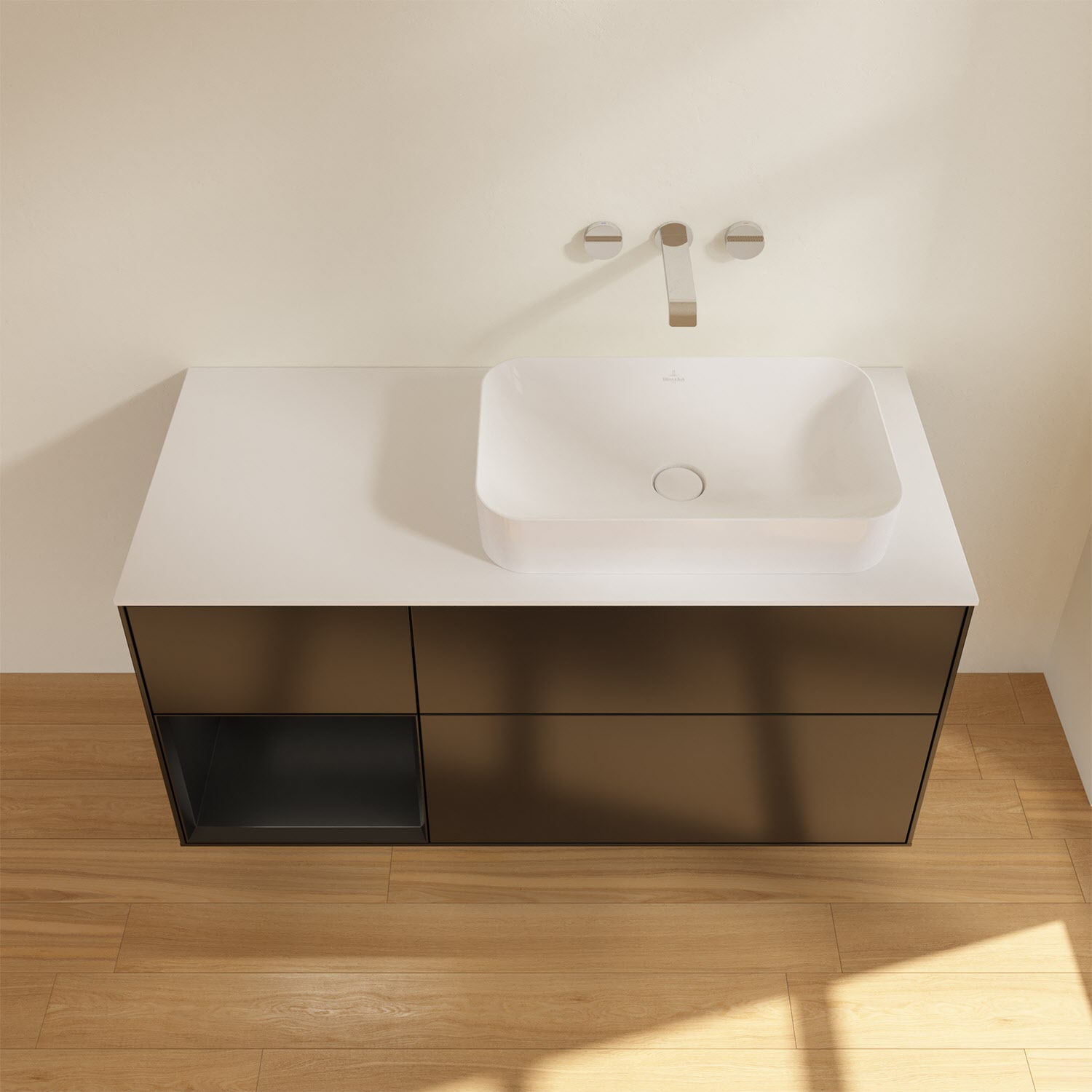 Villeroy & Boch Finion Waschtischunterschrank 120 cm mit Regalelement links und Abdeckplatte, mit Wandbeleuchtung