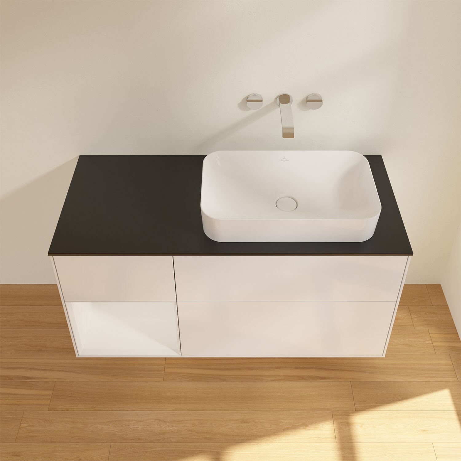 Villeroy & Boch Finion Waschtischunterschrank 120 cm mit Regalelement links und Abdeckplatte, mit Wandbeleuchtung