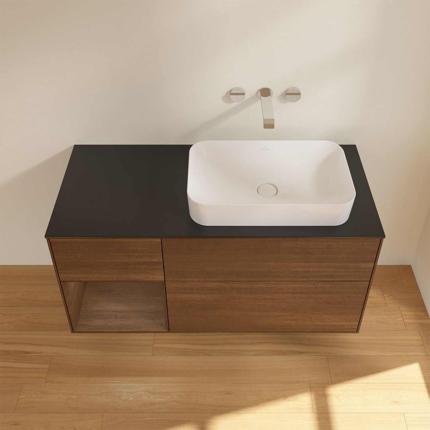 Villeroy & Boch Finion Waschtischunterschrank 120 cm mit Regalelement links und Abdeckplatte, mit Wandbeleuchtung