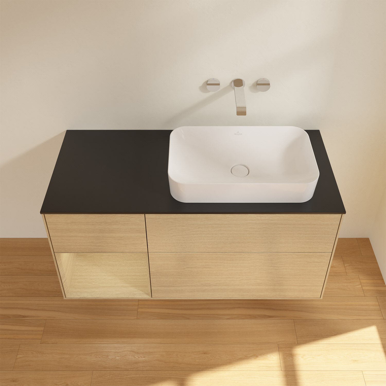 Villeroy & Boch Finion Waschtischunterschrank 120 cm mit Regalelement links und Abdeckplatte, mit Wandbeleuchtung