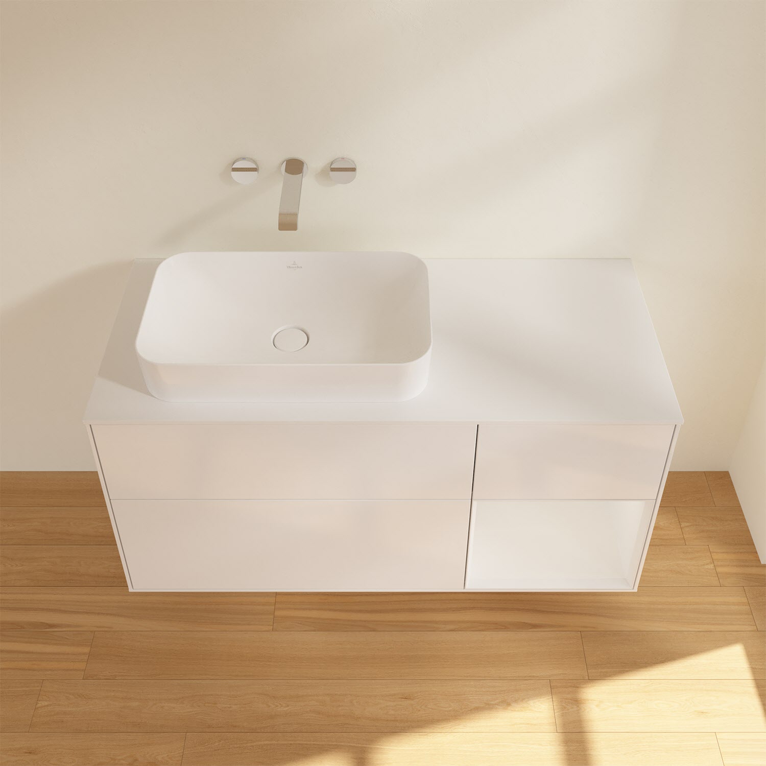Villeroy & Boch Finion Waschtischunterschrank 120 cm mit Regalelement rechts und Abdeckplatte, mit Wandbeleuchtung