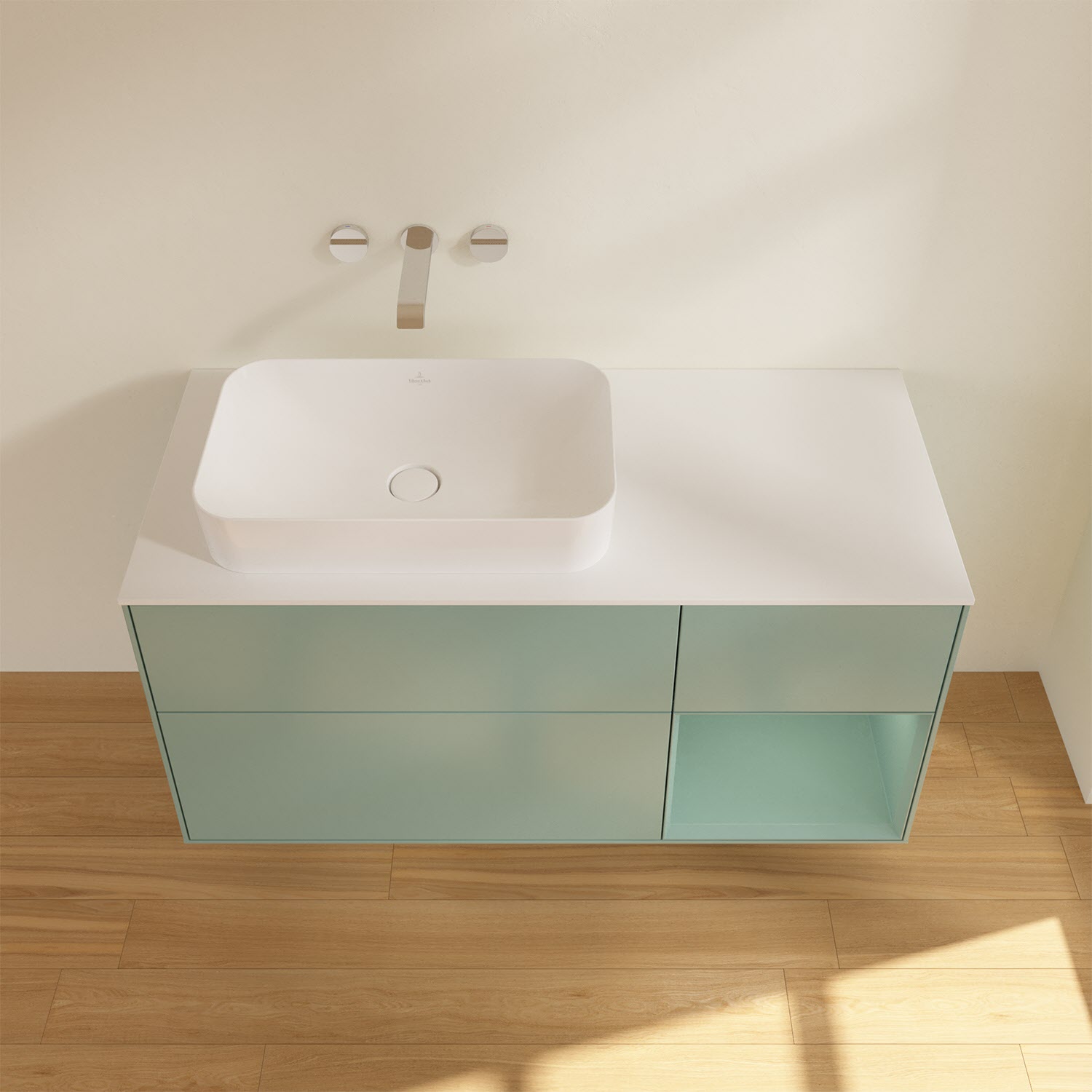 Villeroy & Boch Finion Waschtischunterschrank 120 cm mit Regalelement rechts und Abdeckplatte, mit Wandbeleuchtung