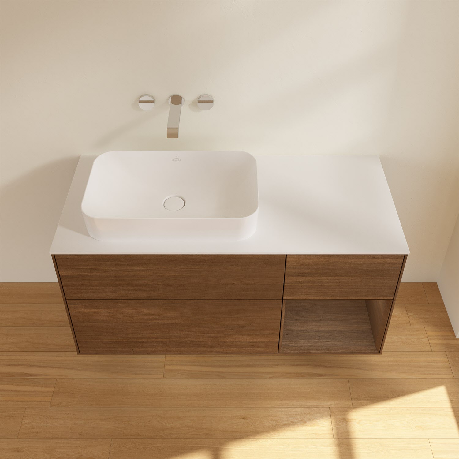 Villeroy & Boch Finion Waschtischunterschrank 120 cm mit Regalelement rechts und Abdeckplatte, mit Wandbeleuchtung