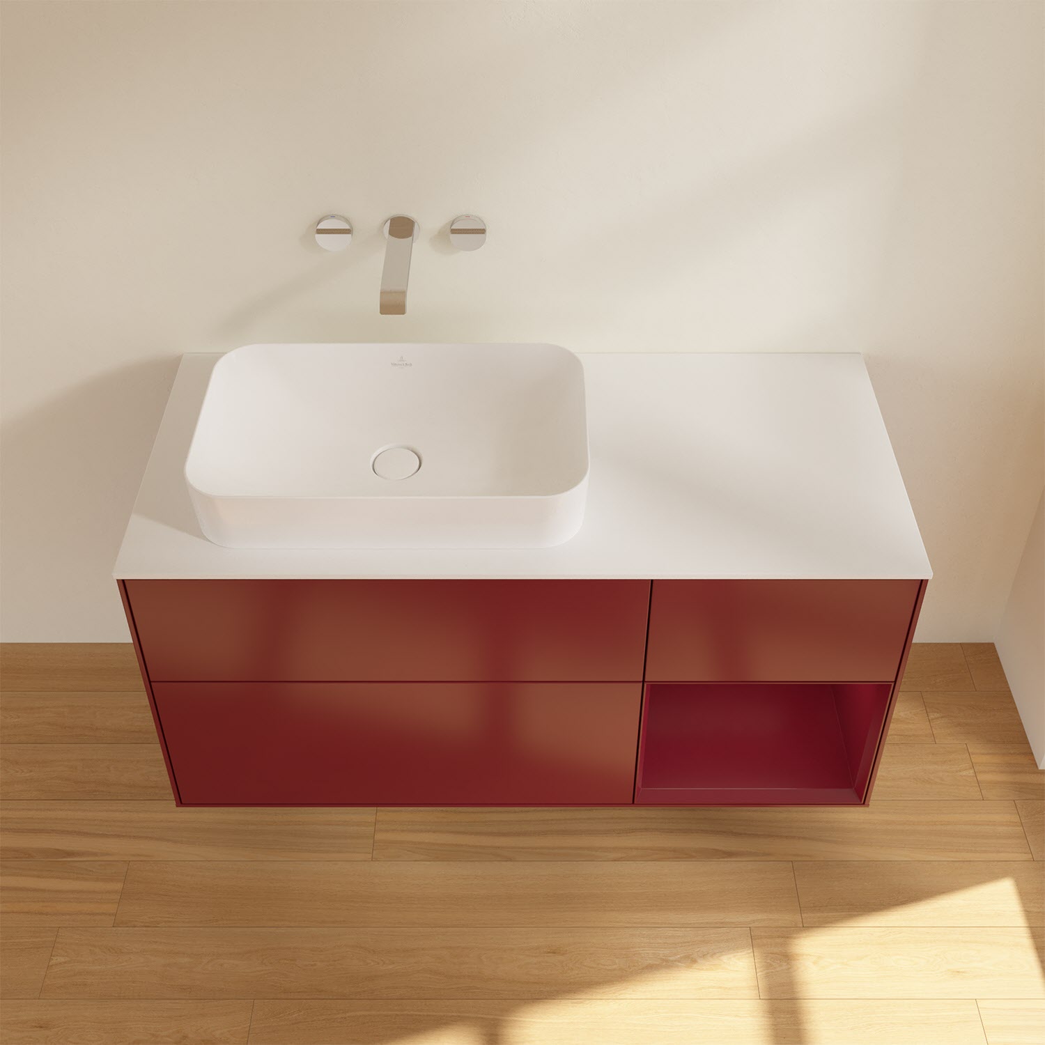 Villeroy & Boch Finion Waschtischunterschrank 120 cm mit Regalelement rechts und Abdeckplatte, mit Wandbeleuchtung