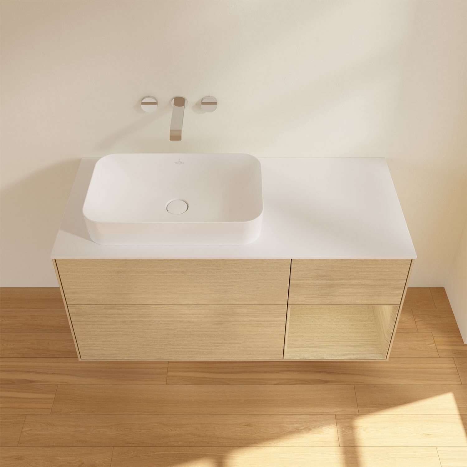 Villeroy & Boch Finion Waschtischunterschrank 120 cm mit Regalelement rechts und Abdeckplatte, mit Wandbeleuchtung