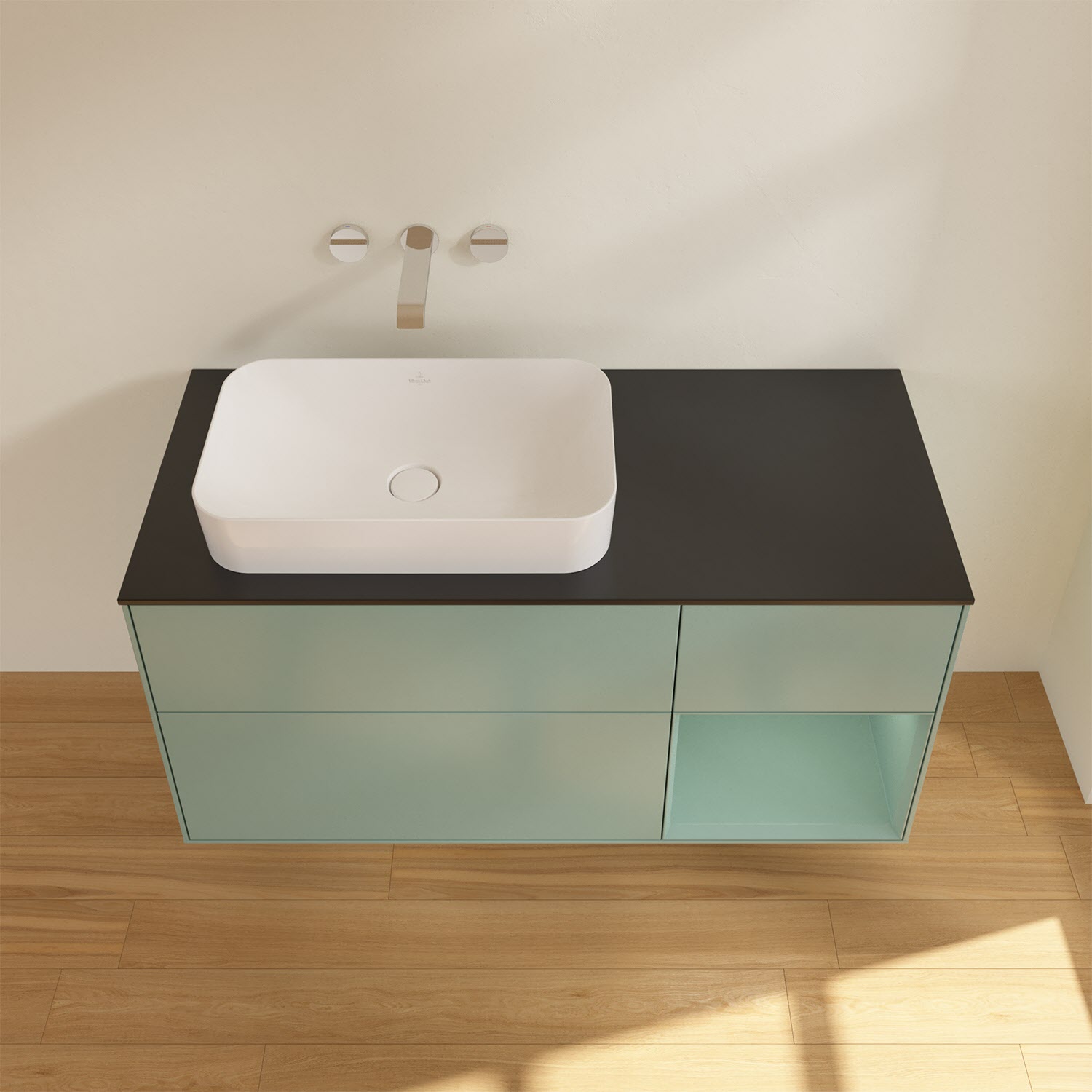 Villeroy & Boch Finion Waschtischunterschrank 120 cm mit Regalelement rechts und Abdeckplatte, mit Wandbeleuchtung