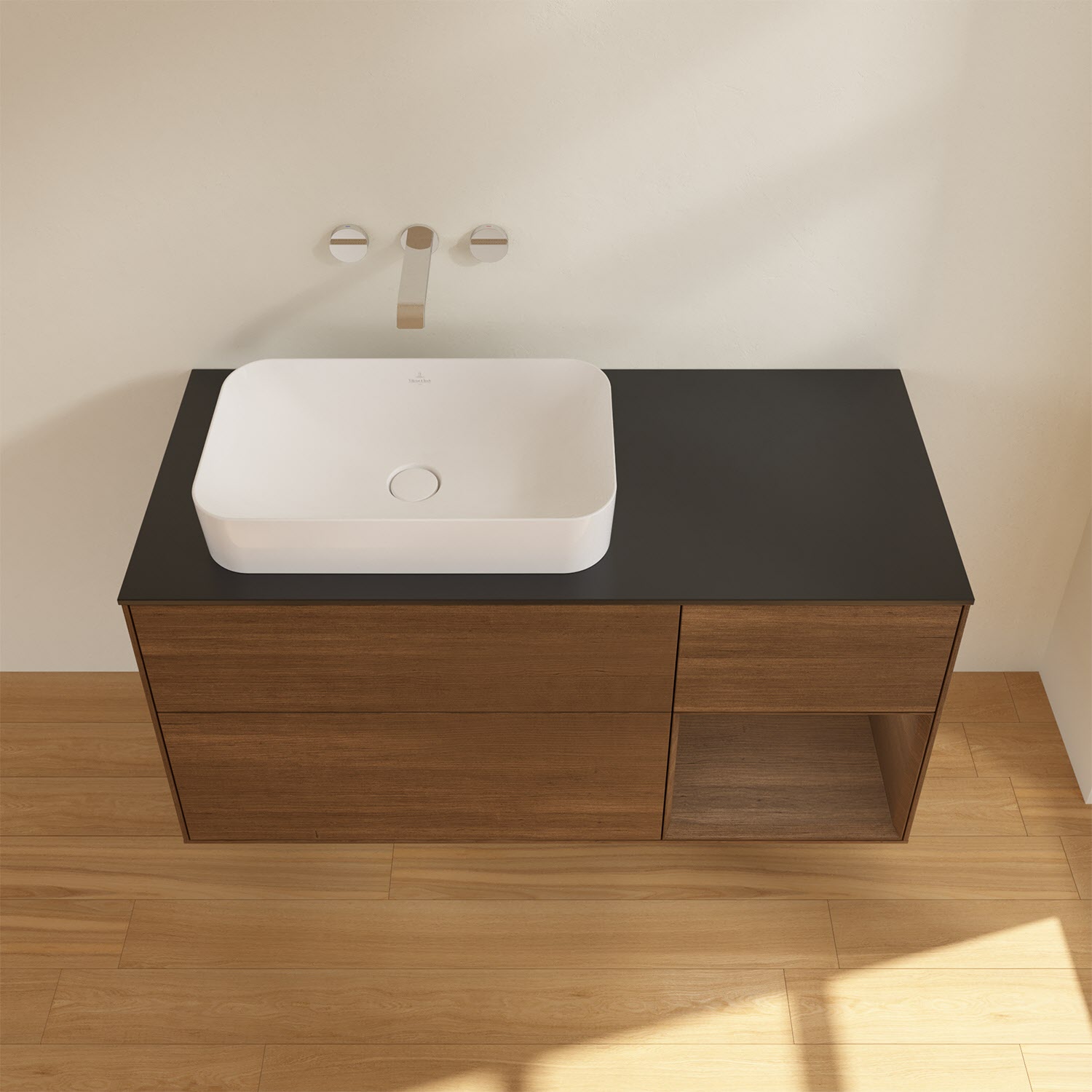 Villeroy & Boch Finion Waschtischunterschrank 120 cm mit Regalelement rechts und Abdeckplatte, mit Wandbeleuchtung