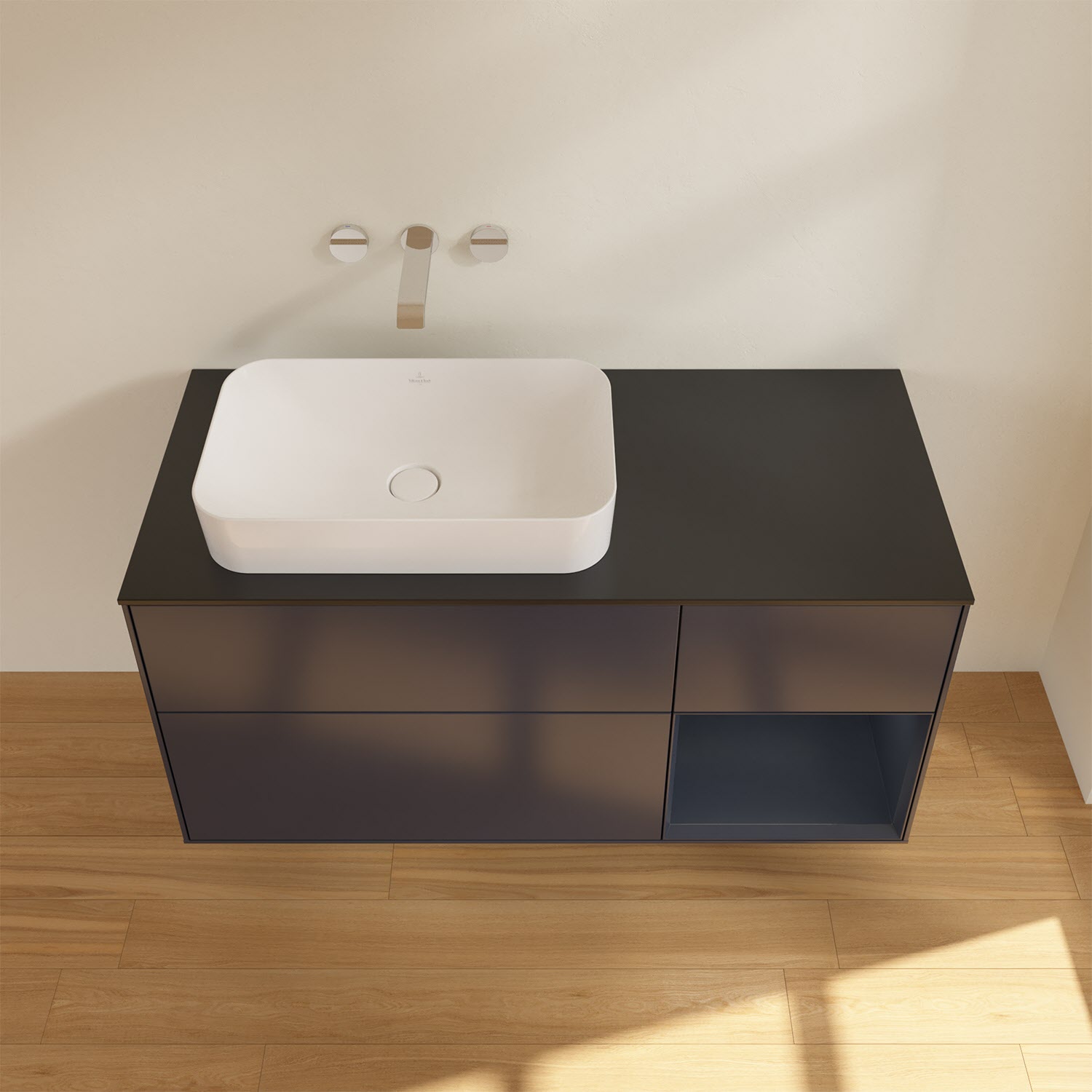 Villeroy & Boch Finion Waschtischunterschrank 120 cm mit Regalelement rechts und Abdeckplatte, mit Wandbeleuchtung