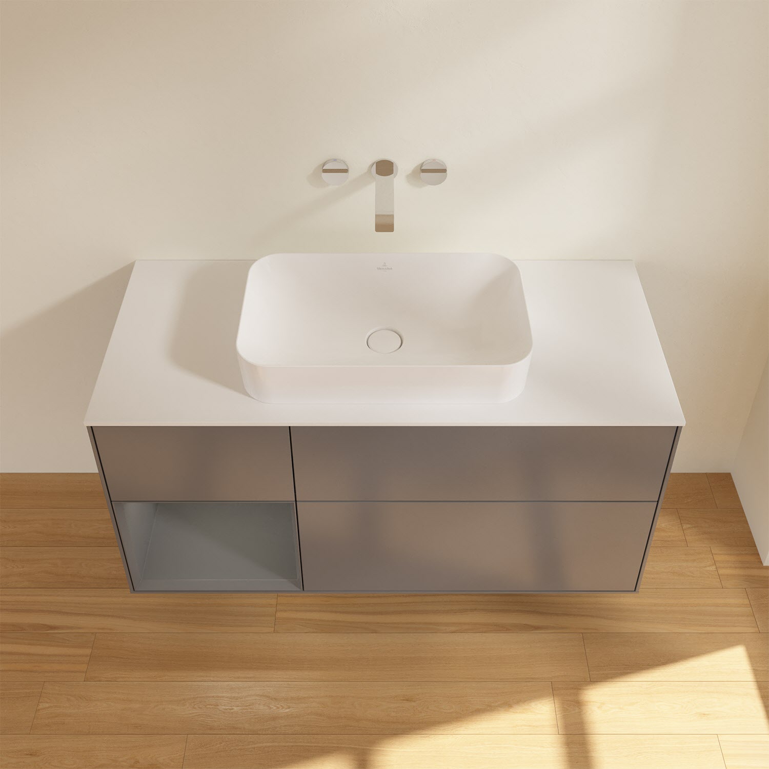 Villeroy & Boch Finion Waschtischunterschrank 120 cm mit Regalelement links und Abdeckplatte, mit Wandbeleuchtung