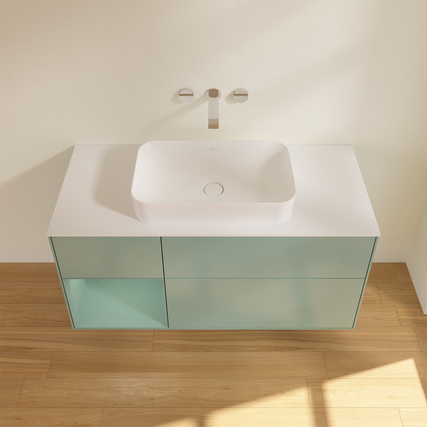 Villeroy & Boch Finion Waschtischunterschrank 120 cm mit Regalelement links und Abdeckplatte, mit Wandbeleuchtung