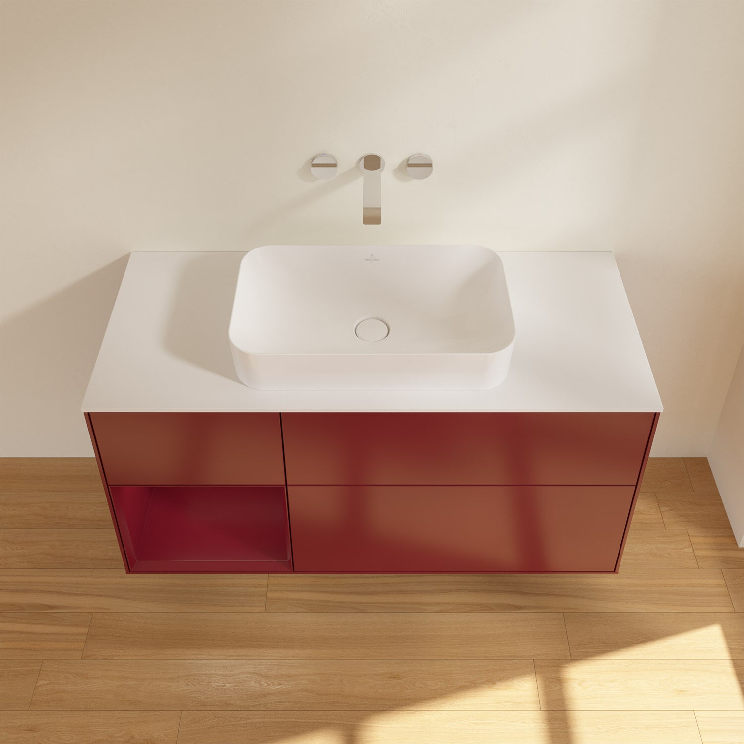 Villeroy & Boch Finion Waschtischunterschrank 120 cm mit Regalelement links und Abdeckplatte, mit Wandbeleuchtung