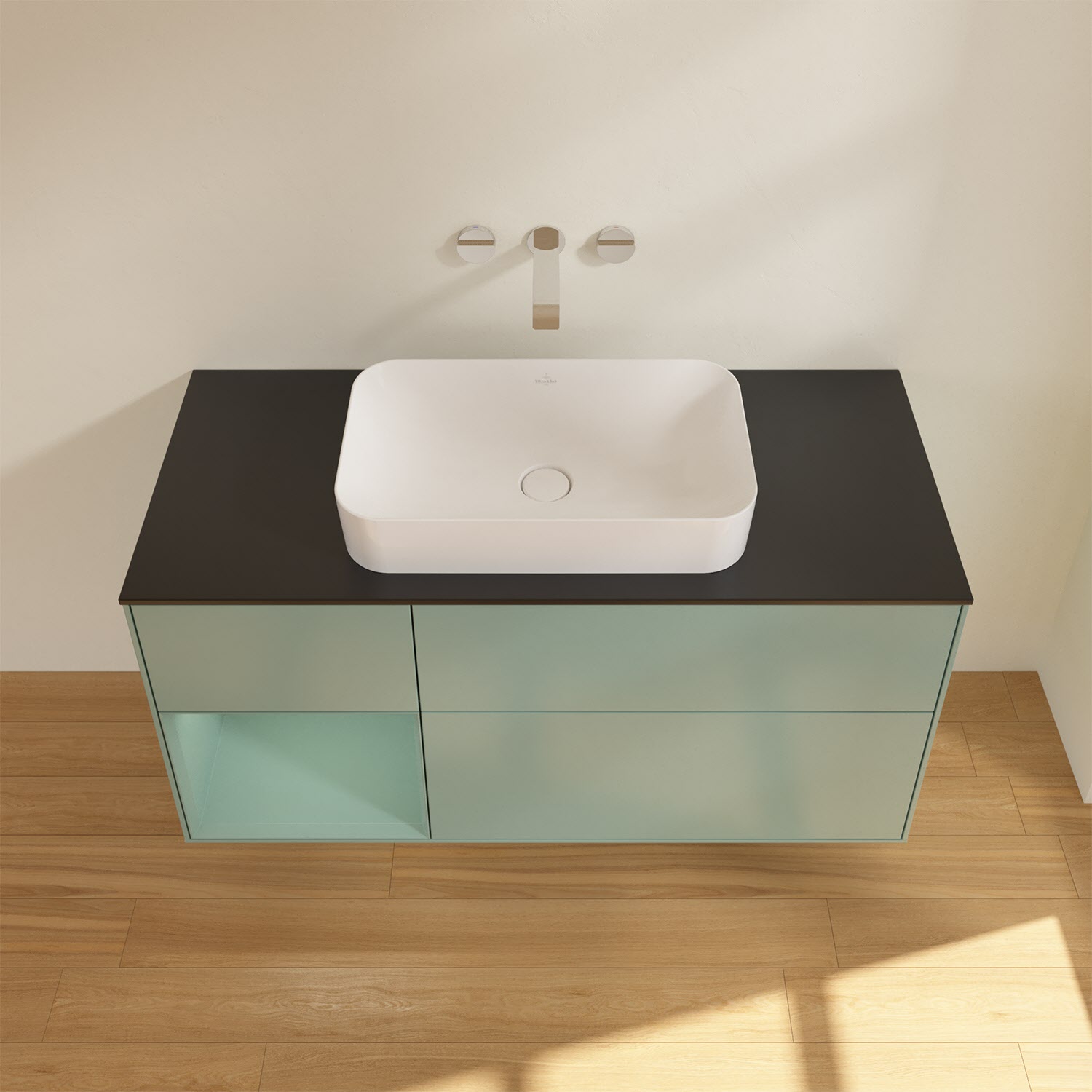 Villeroy & Boch Finion Waschtischunterschrank 120 cm mit Regalelement links und Abdeckplatte, mit Wandbeleuchtung