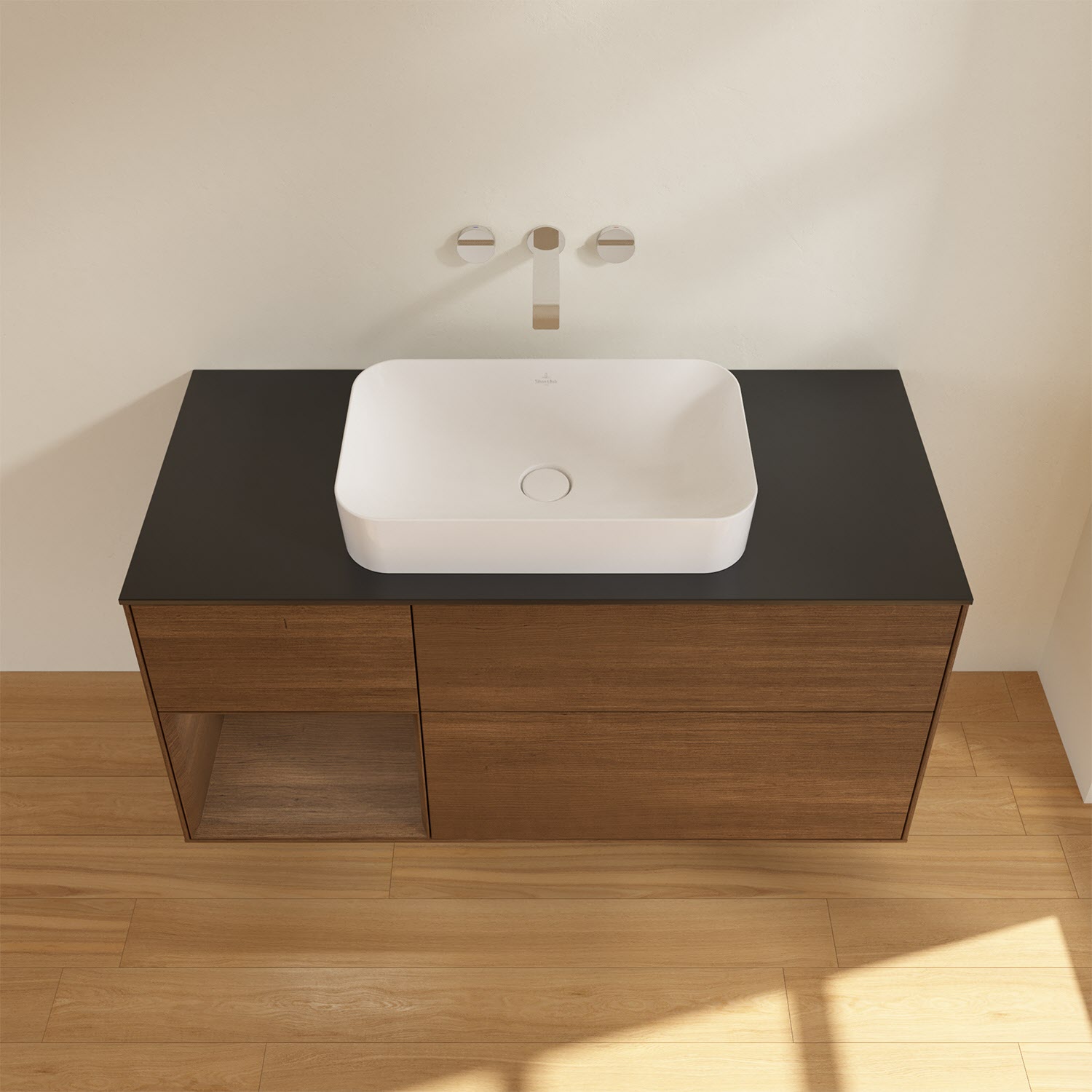 Villeroy & Boch Finion Waschtischunterschrank 120 cm mit Regalelement links und Abdeckplatte, mit Wandbeleuchtung