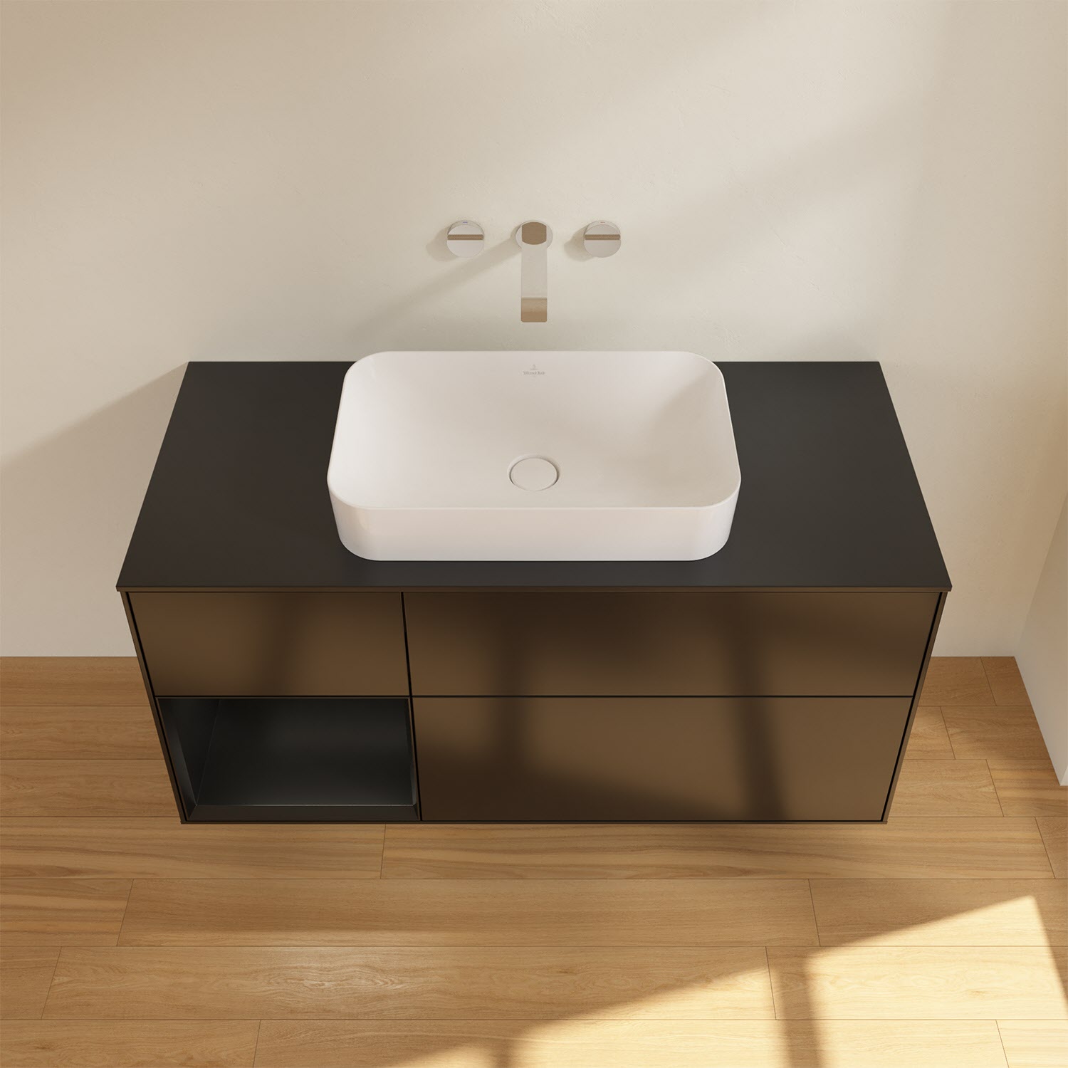 Villeroy & Boch Finion Waschtischunterschrank 120 cm mit Regalelement links und Abdeckplatte, mit Wandbeleuchtung