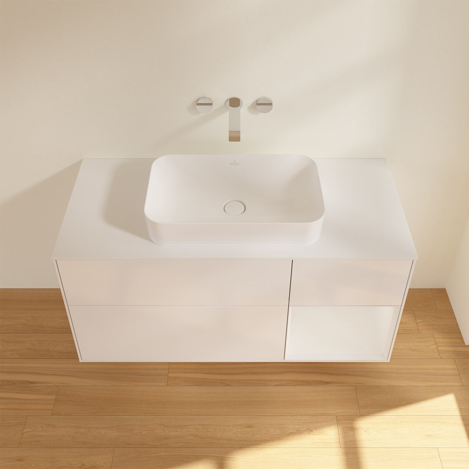 Villeroy & Boch Finion Waschtischunterschrank 120 cm mit Regalelement rechts und Abdeckplatte, mit Wandbeleuchtung