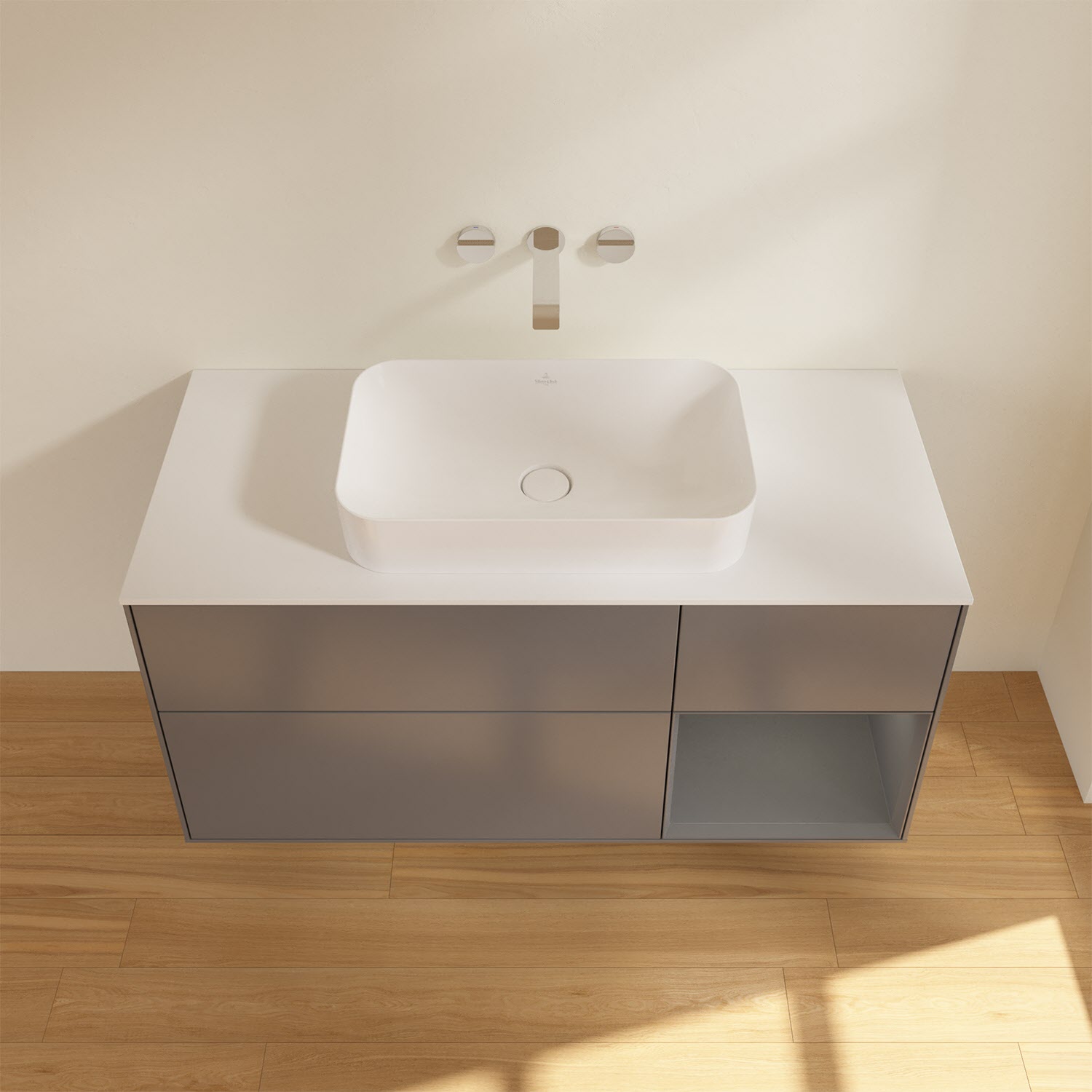 Villeroy & Boch Finion Waschtischunterschrank 120 cm mit Regalelement rechts und Abdeckplatte, mit Wandbeleuchtung