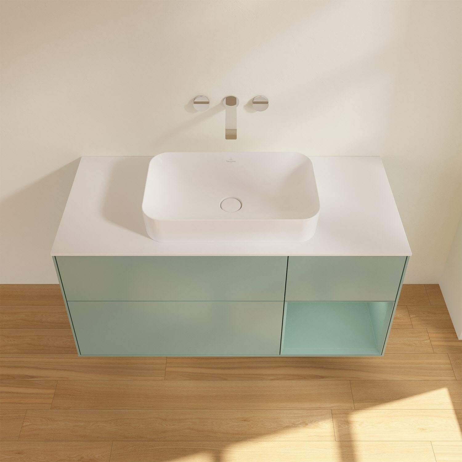 Villeroy & Boch Finion Waschtischunterschrank 120 cm mit Regalelement rechts und Abdeckplatte, mit Wandbeleuchtung