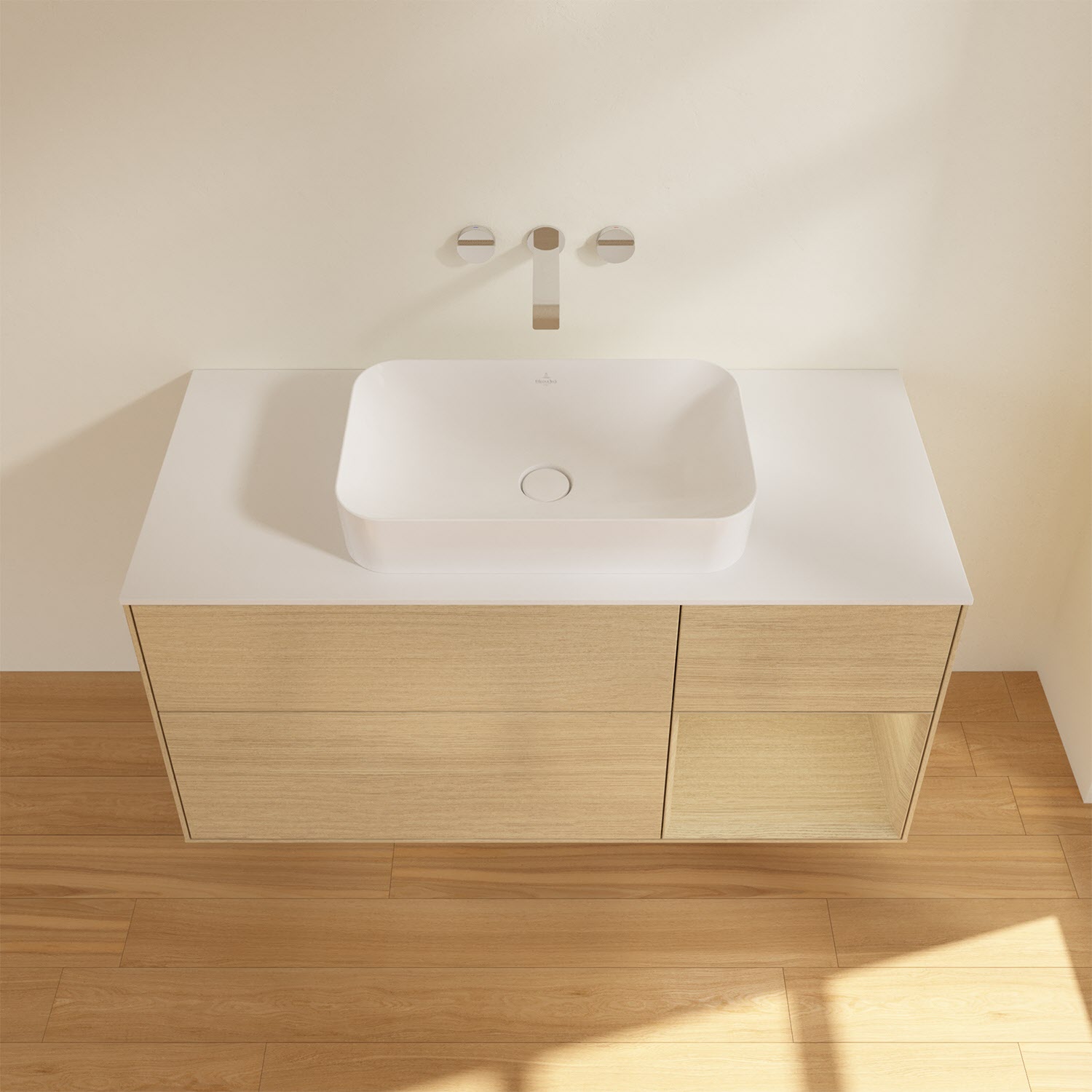 Villeroy & Boch Finion Waschtischunterschrank 120 cm mit Regalelement rechts und Abdeckplatte, mit Wandbeleuchtung