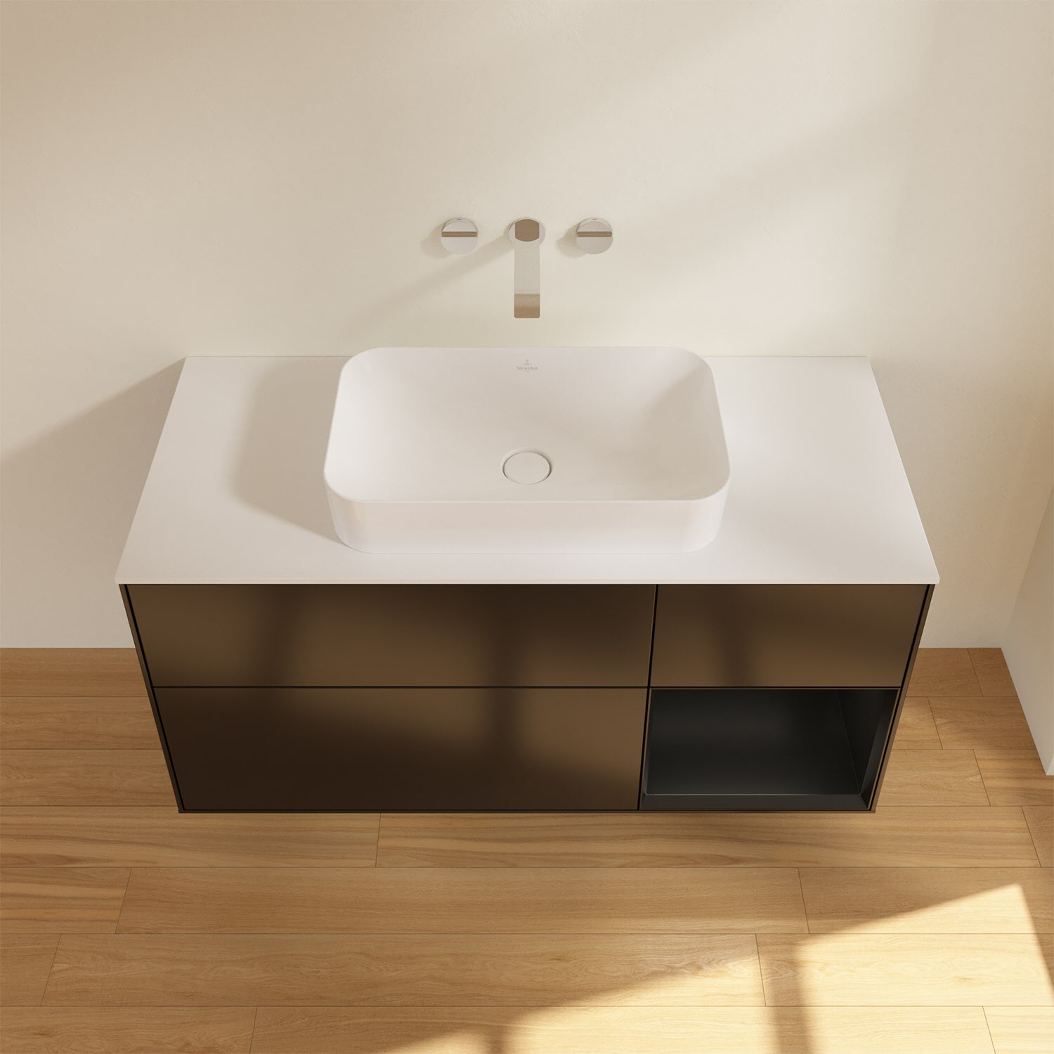 Villeroy & Boch Finion Waschtischunterschrank 120 cm mit Regalelement rechts und Abdeckplatte, mit Wandbeleuchtung