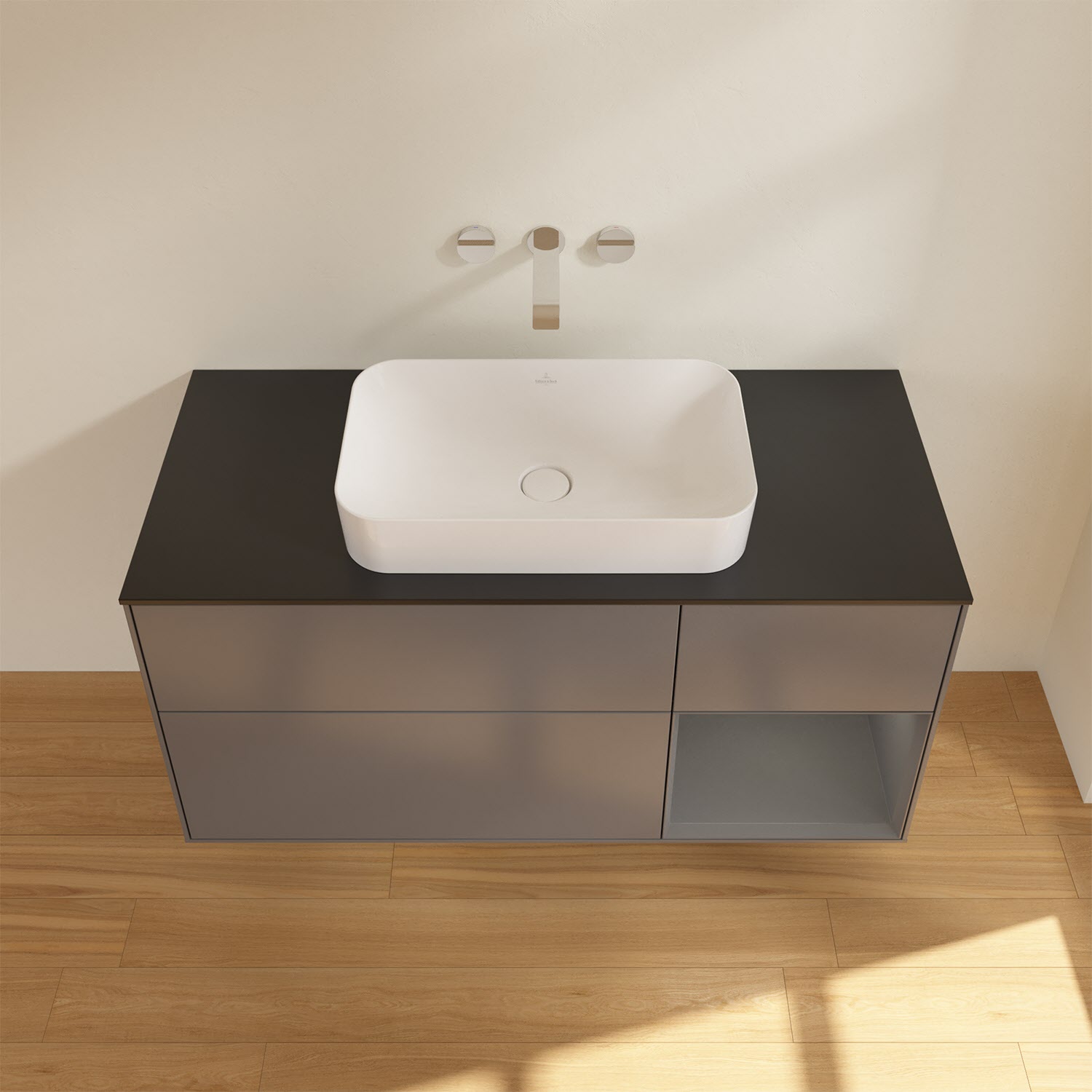 Villeroy & Boch Finion Waschtischunterschrank 120 cm mit Regalelement rechts und Abdeckplatte, mit Wandbeleuchtung