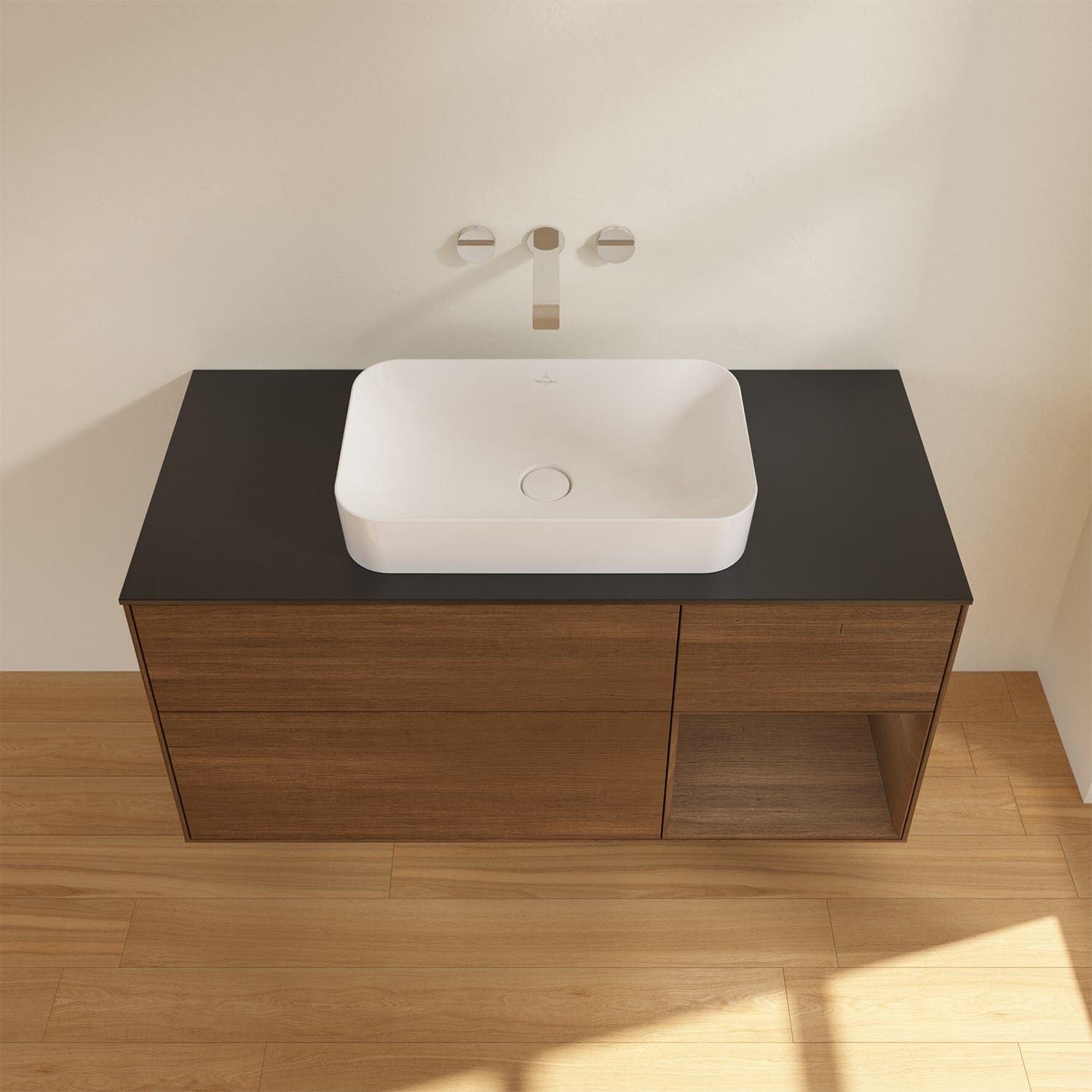 Villeroy & Boch Finion Waschtischunterschrank 120 cm mit Regalelement rechts und Abdeckplatte, mit Wandbeleuchtung