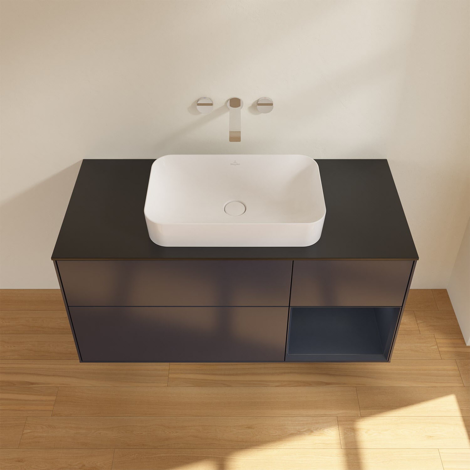 Villeroy & Boch Finion Waschtischunterschrank 120 cm mit Regalelement rechts und Abdeckplatte, mit Wandbeleuchtung