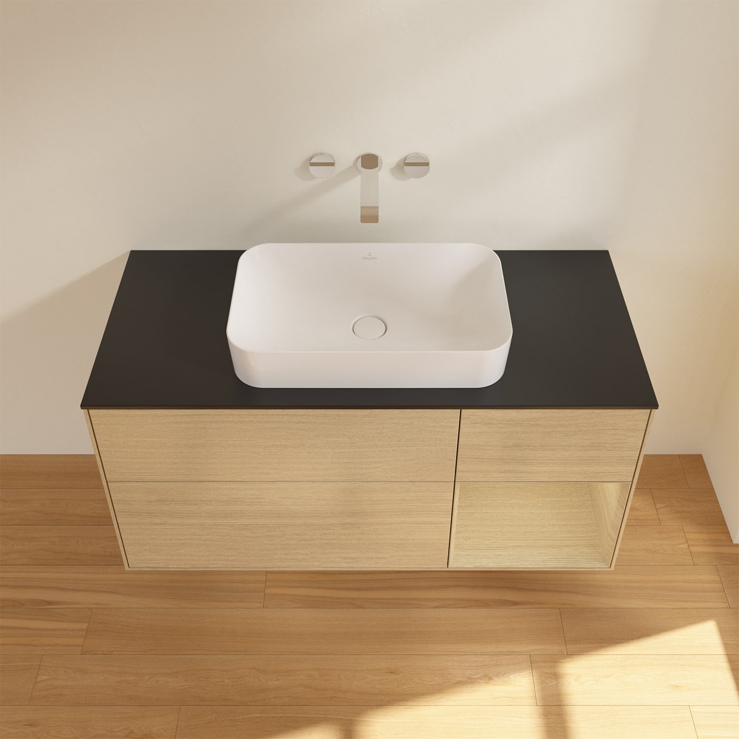 Villeroy & Boch Finion Waschtischunterschrank 120 cm mit Regalelement rechts und Abdeckplatte, mit Wandbeleuchtung