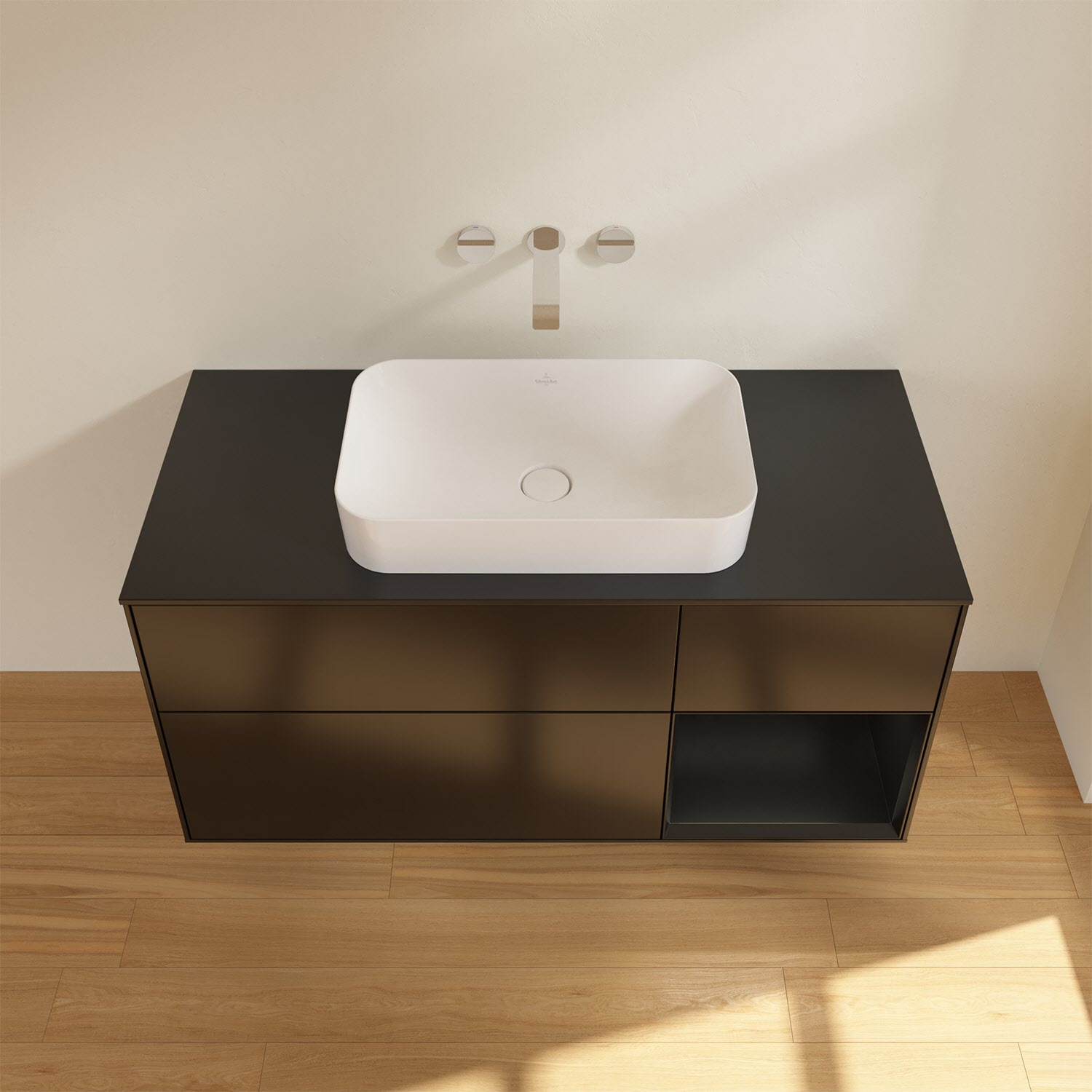 Villeroy & Boch Finion Waschtischunterschrank 120 cm mit Regalelement rechts und Abdeckplatte, mit Wandbeleuchtung