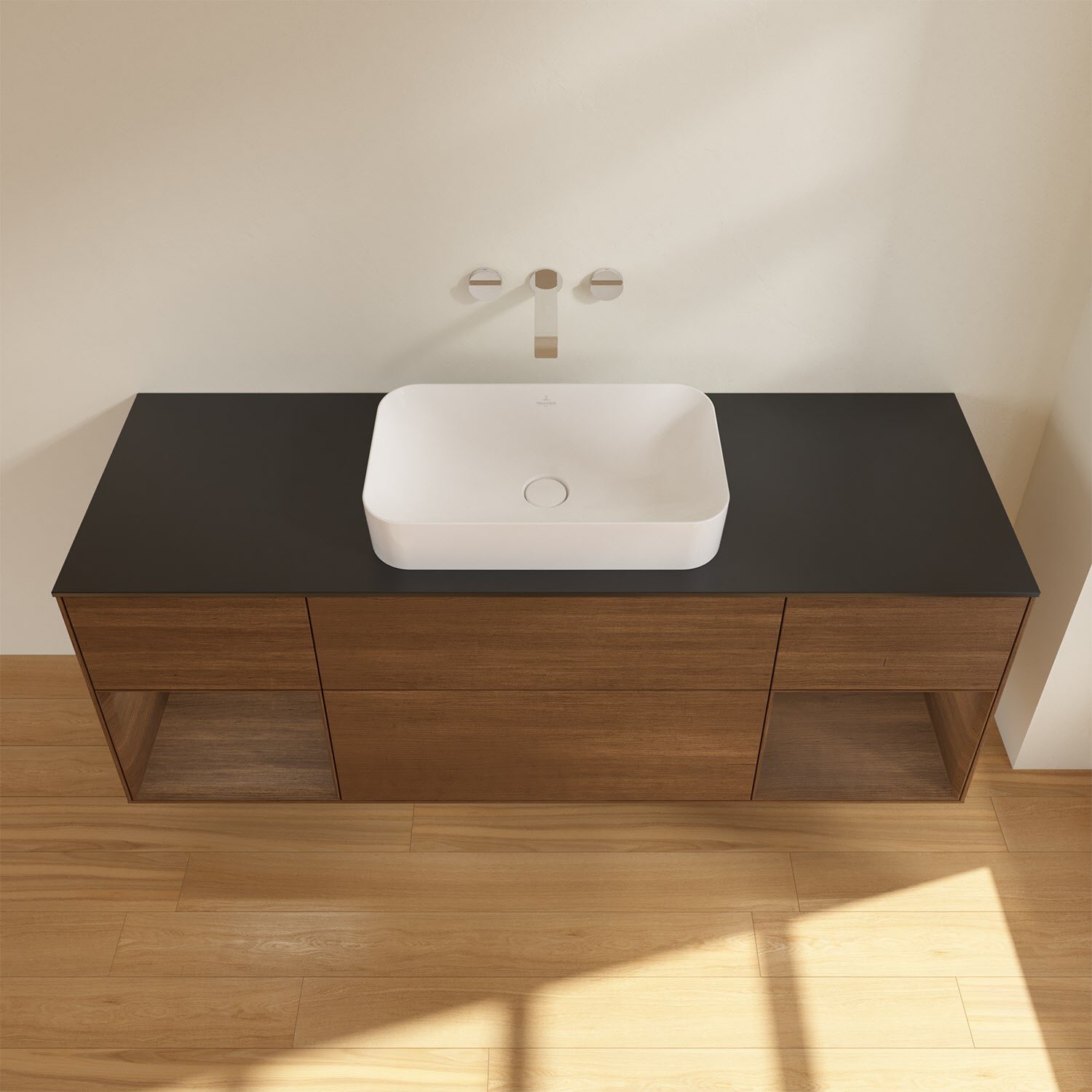 Villeroy & Boch Finion Waschtischunterschrank 160 cm mit Regalelement links und rechts und Abdeckplatte, mit Wandbeleuchtung