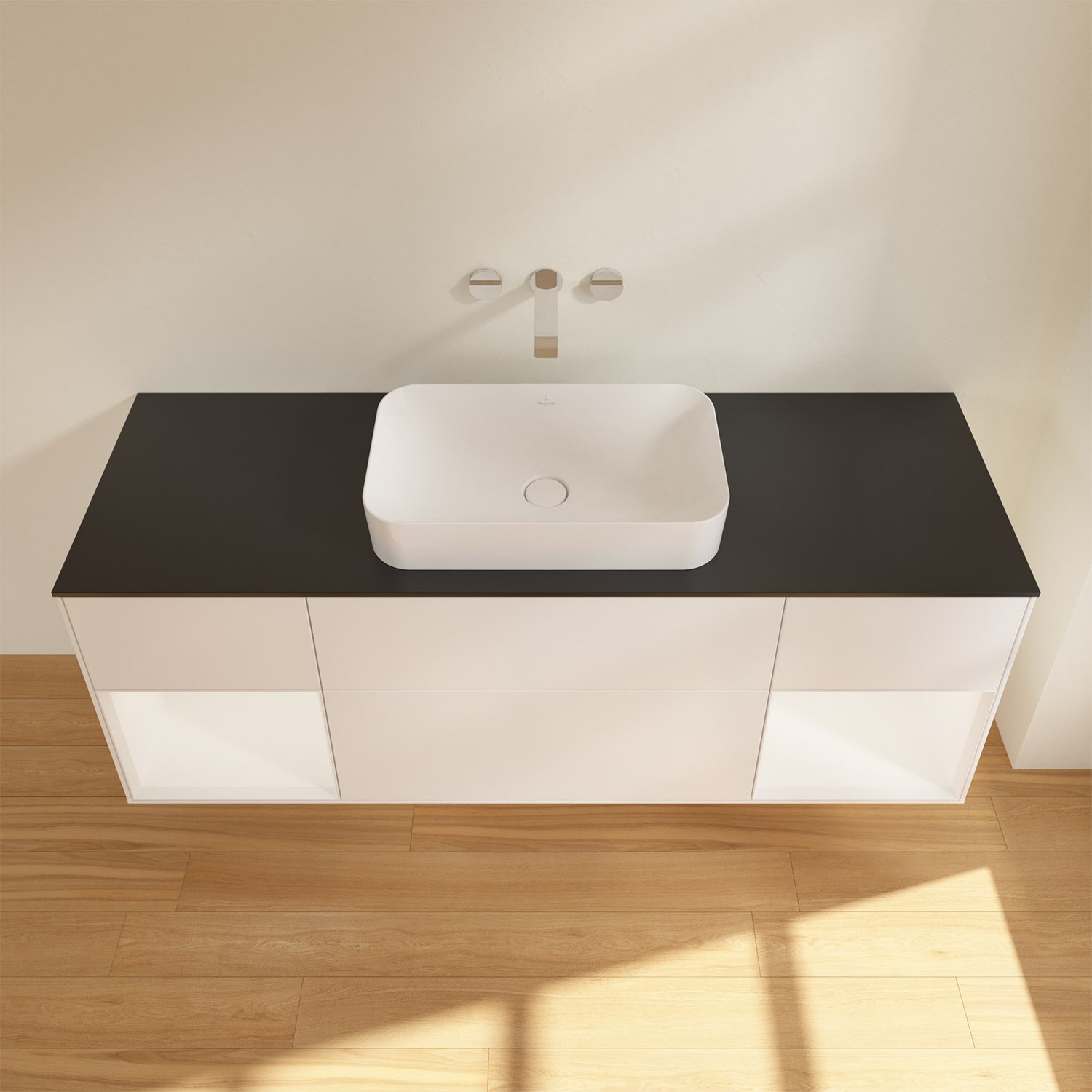 Villeroy & Boch Finion Waschtischunterschrank 160 cm mit Regalelement links und rechts und Abdeckplatte, mit Wandbeleuchtung