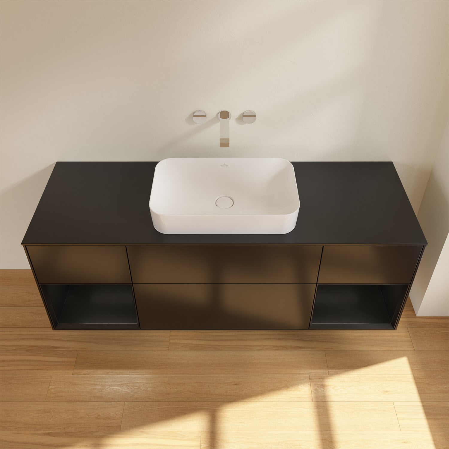 Villeroy & Boch Finion Waschtischunterschrank 160 cm mit Regalelement links und rechts und Abdeckplatte, mit Wandbeleuchtung