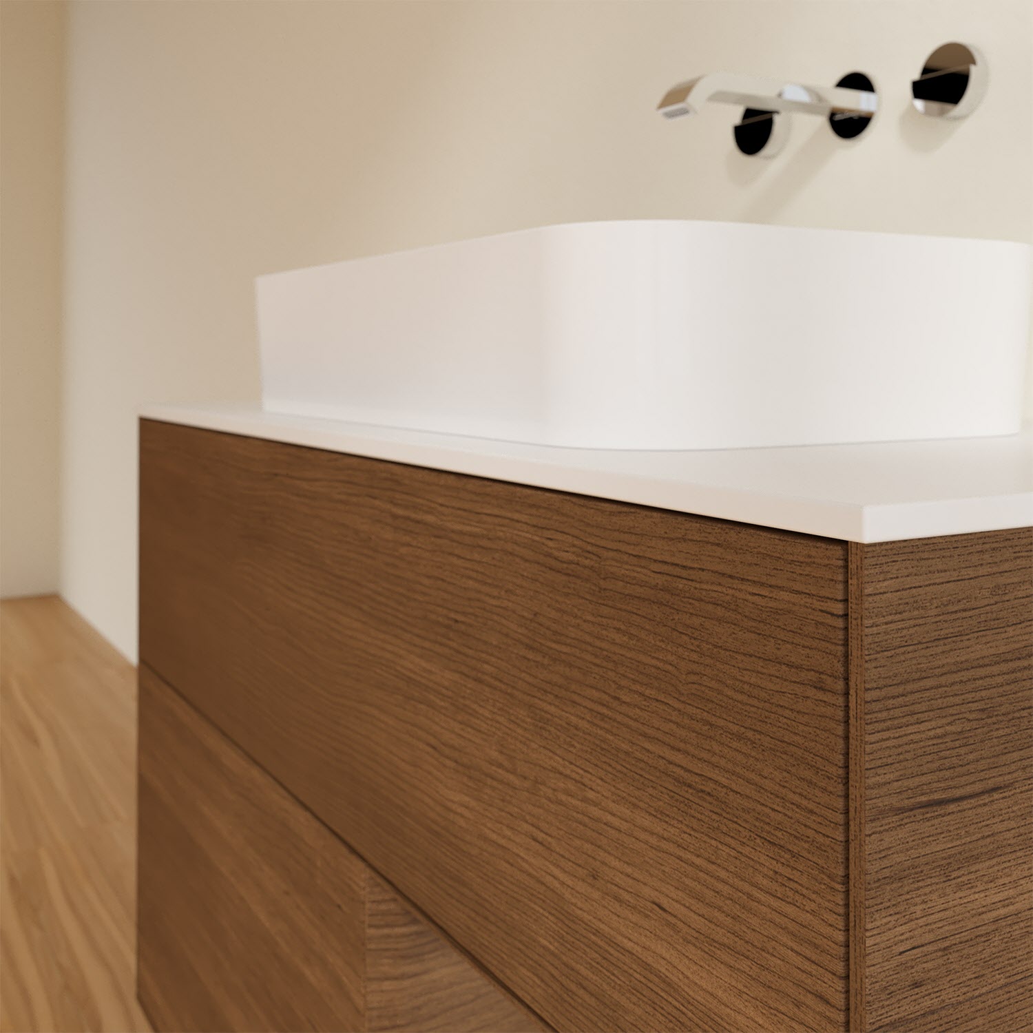 Villeroy & Boch Finion Waschtischunterschrank 100 cm mit Regalelement rechts und Abdeckplatte, mit Wandbeleuchtung