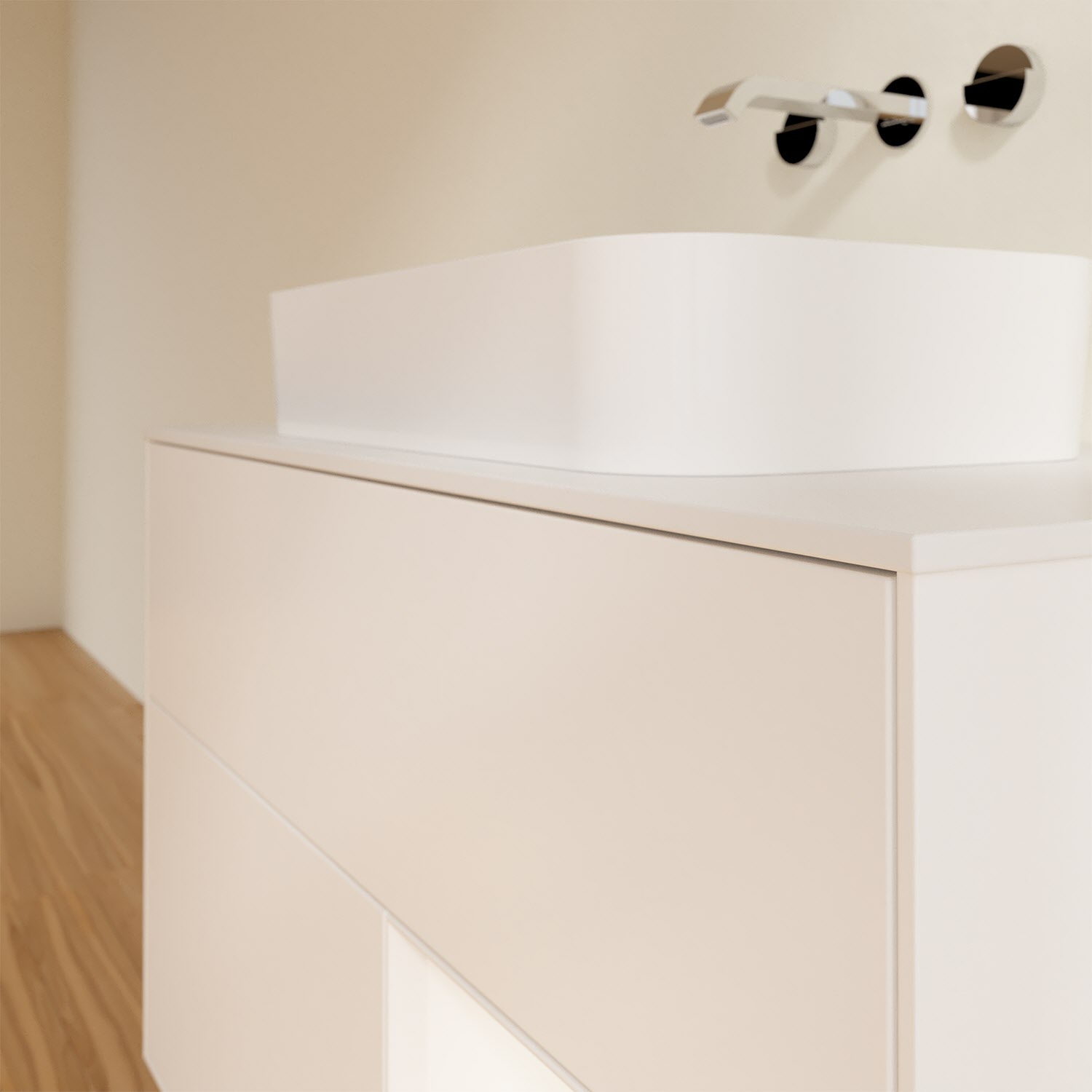 Villeroy & Boch Finion Waschtischunterschrank 100 cm mit Regalelement rechts und Abdeckplatte, mit Wandbeleuchtung