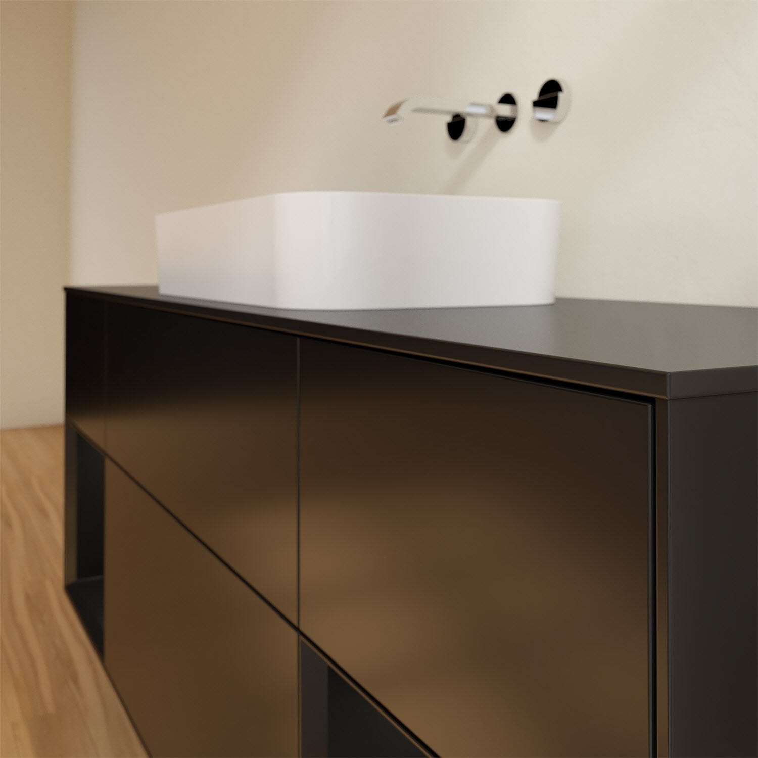 Villeroy & Boch Finion Waschtischunterschrank 160 cm mit Regalelement links und rechts und Abdeckplatte