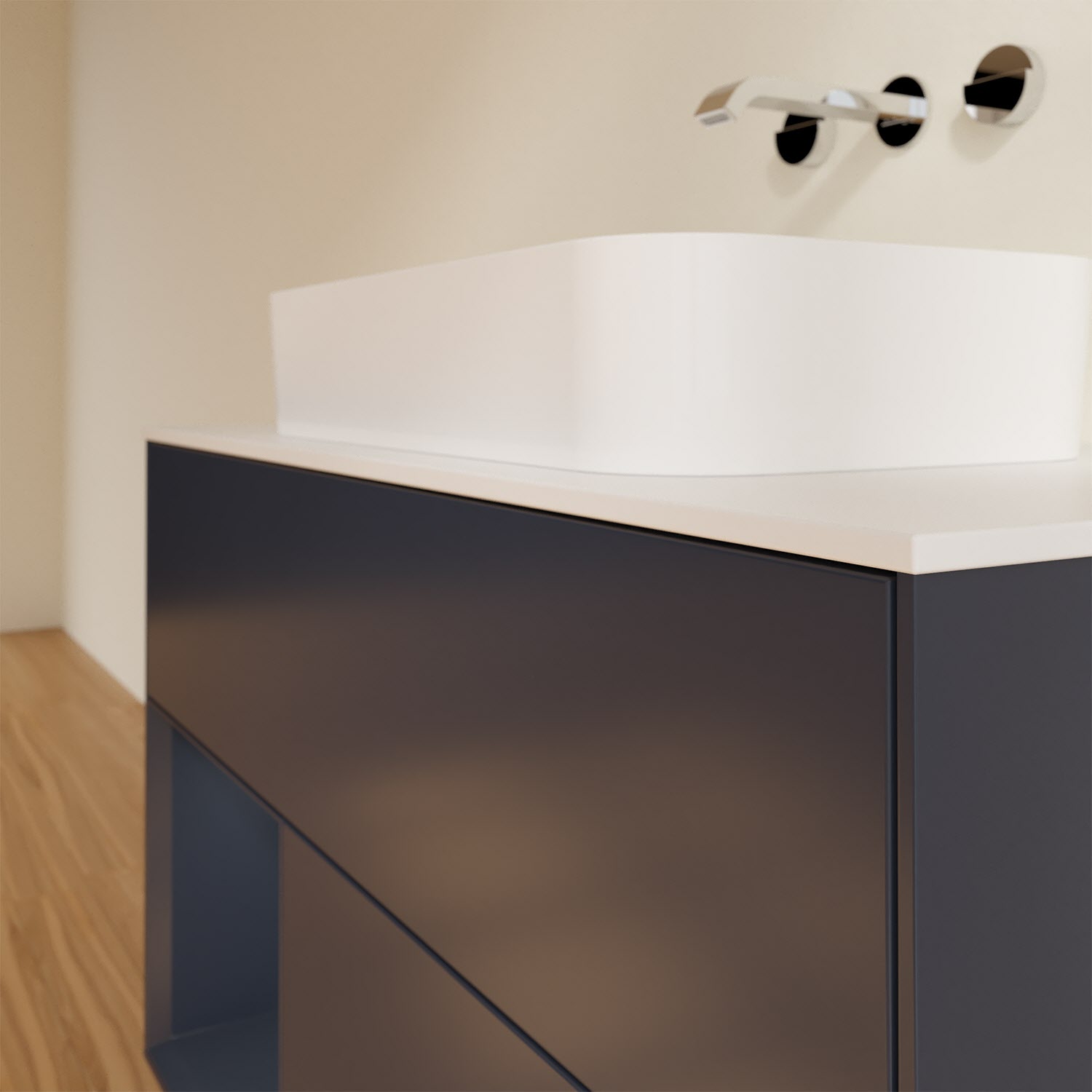 Villeroy & Boch Finion Waschtischunterschrank 100 cm mit Regalelement links und Abdeckplatte, mit Wandbeleuchtung